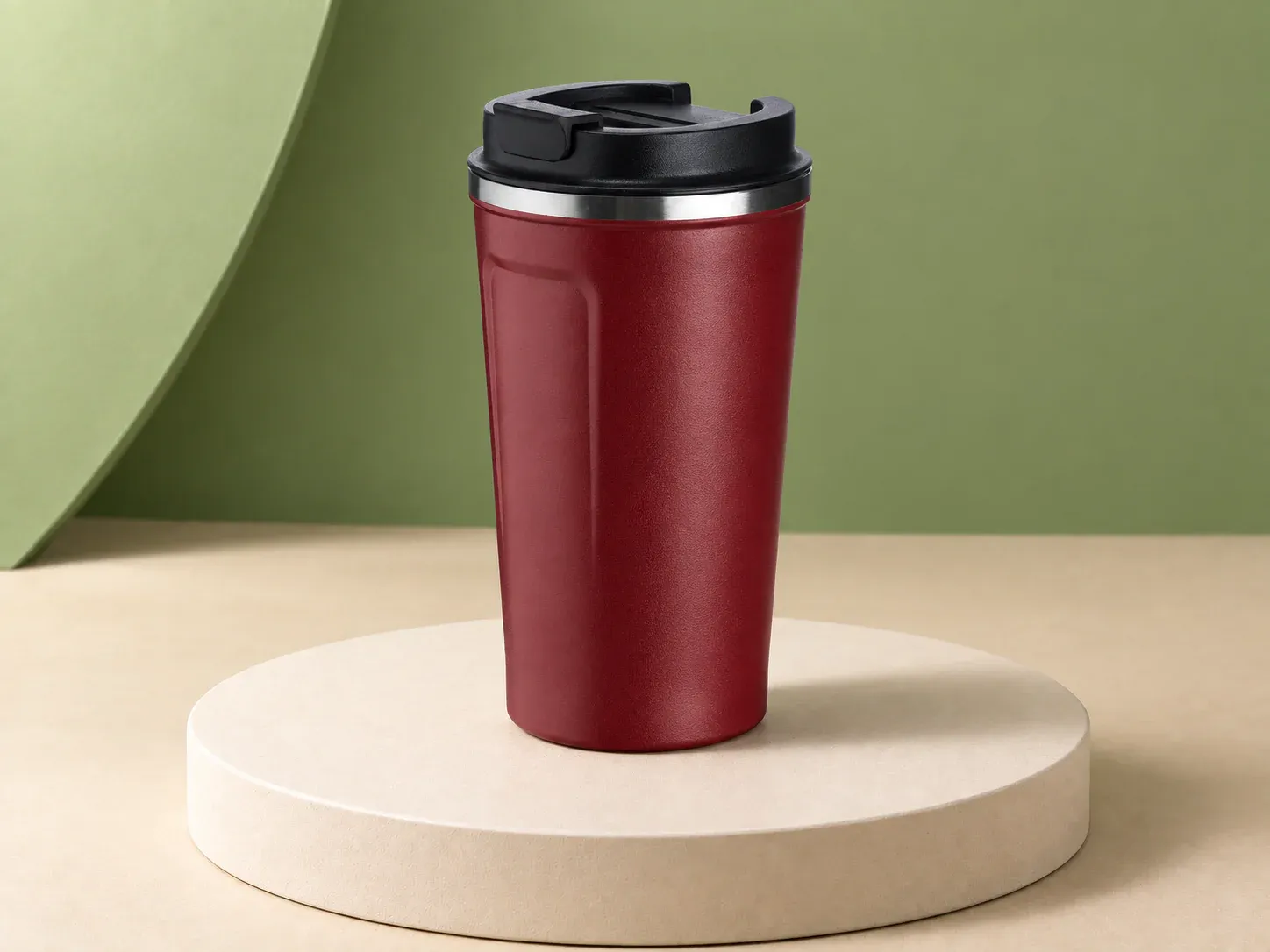 Copo inox 500 ml de parede dupla, na cor bordô, sem personalização: copo cônico com nervuras verticais, anel metálico abaixo da tampa e tampa com trava deslizante