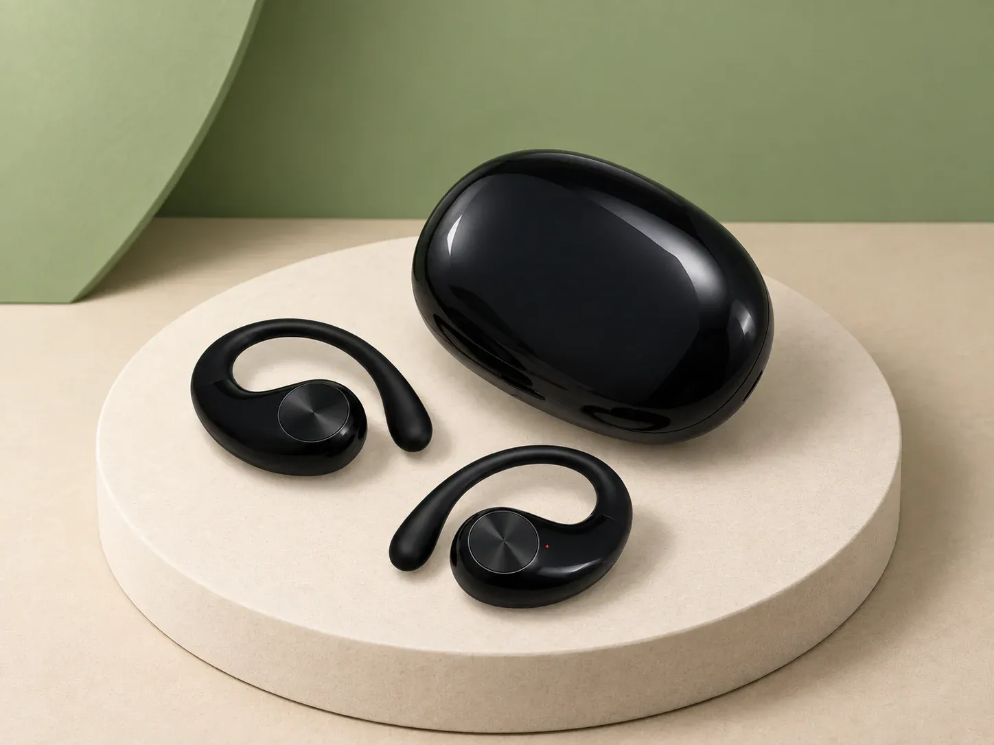 Fones de ouvido esportivos com gancho, na cor preto, sem personalização: par de fones pretos com gancho de orelha e estojo oval preto brilhante