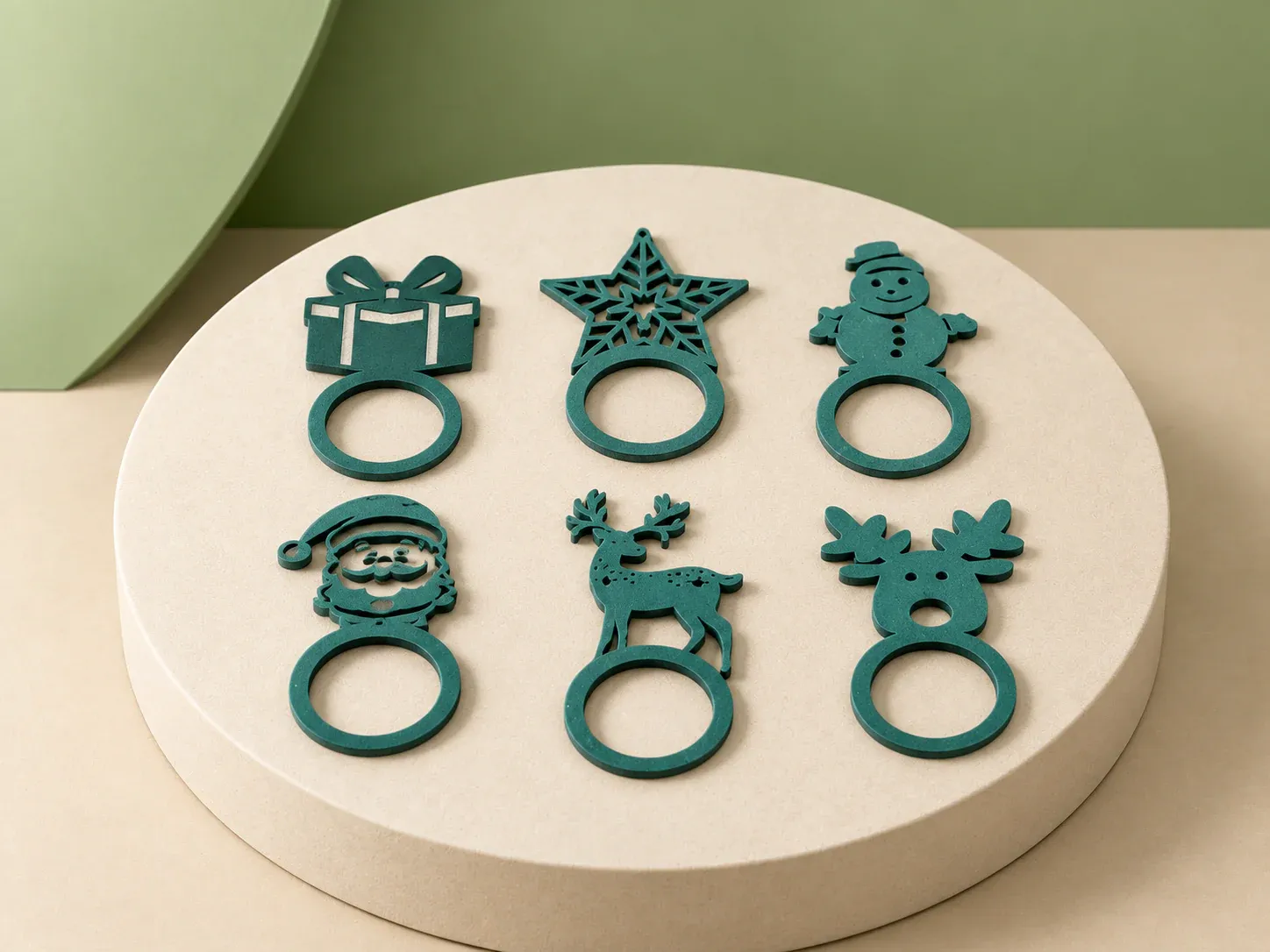 Porta-guardanapo de Natal, seis desenhos, na cor verde, sem personalização: seis argolas verdes vistas de cima, cada uma com um desenho de Natal: presente, estrela, boneco de neve, Papai Noel, rena e cabeça de rena