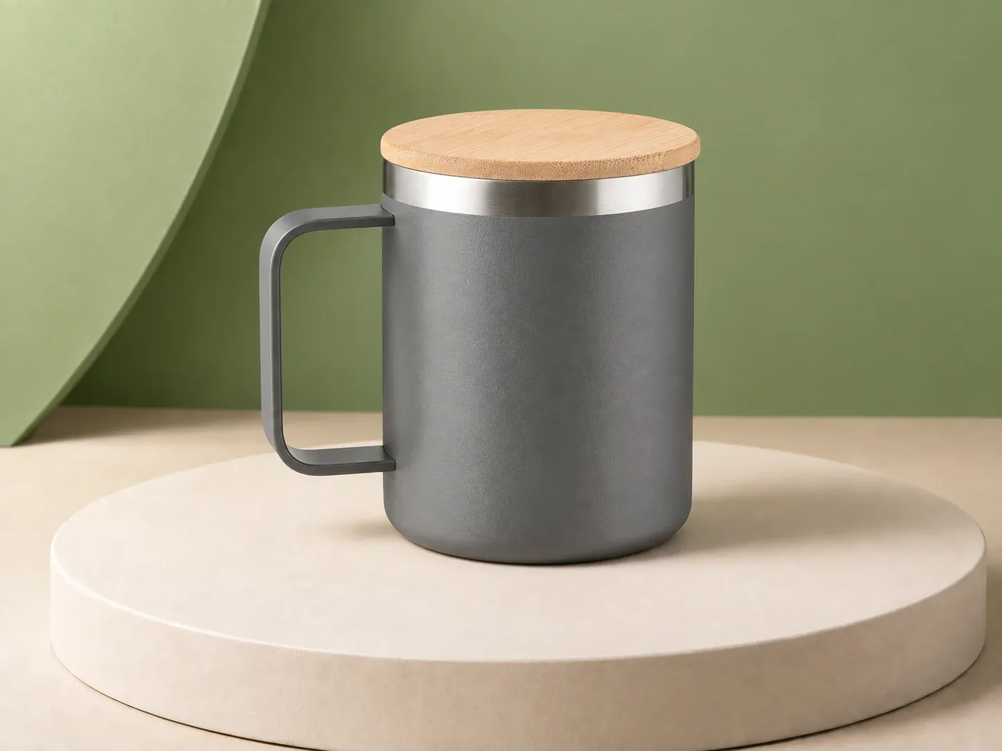 Caneca inox 400 ml com tampa de bambu, na cor cinza, sem personalização: caneca cinza de corpo reto e textura fosca, com faixa metálica na borda, tampa redonda amadeirada e alça cinza em U