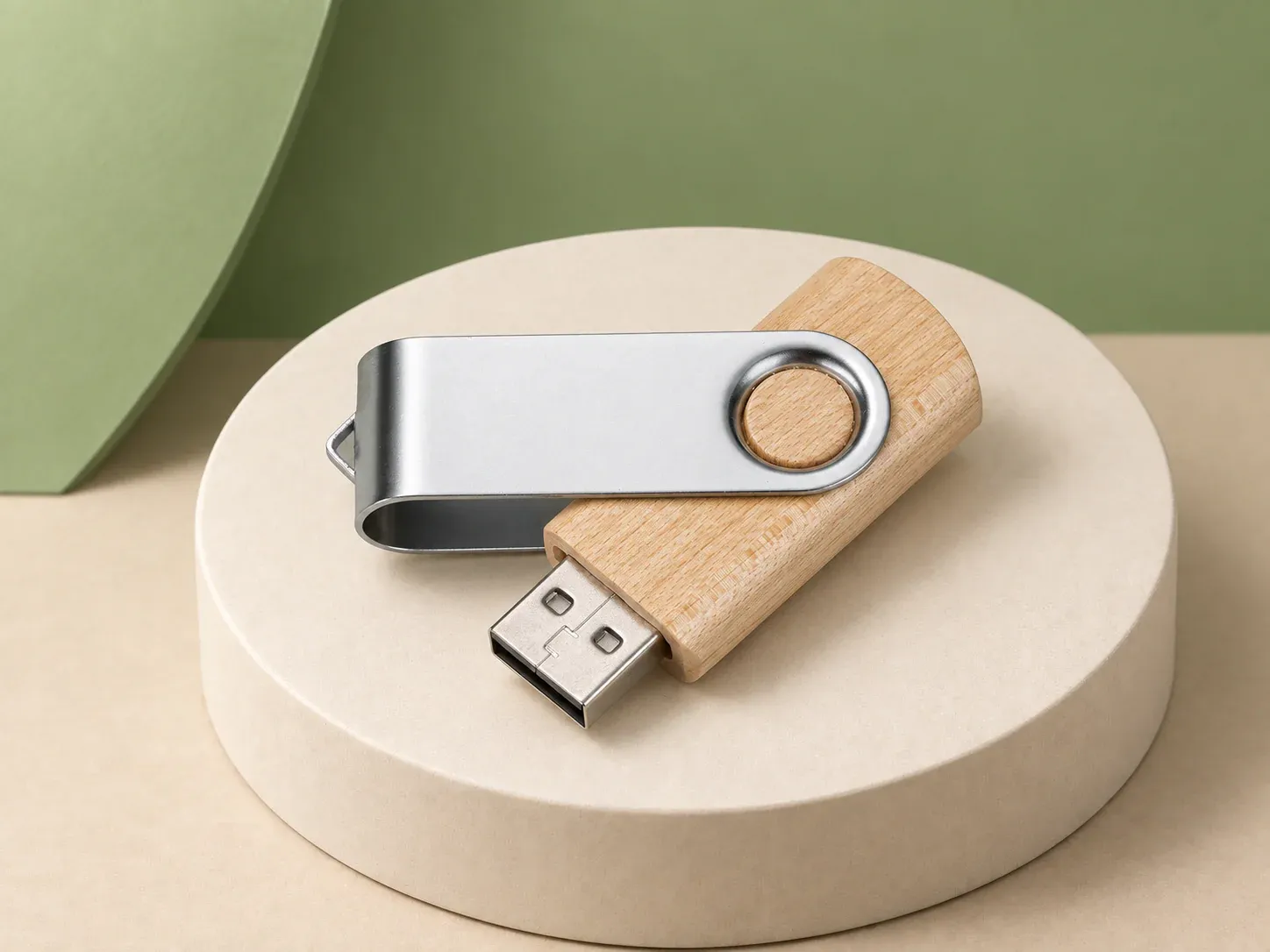 Pen drive giratório de madeira e metal, sem personalização: pen drive giratório de corpo em tom natural com clipe metálico prateado e conector USB exposto