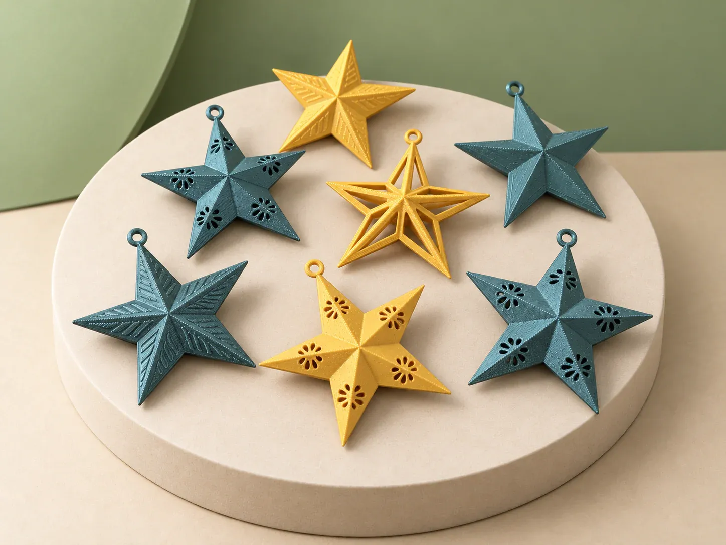 Estrelas de Natal para pendurar, sem personalização: sete estrelas: quatro azul-petróleo com raios em relevo e furos decorativos, e três amarelas, uma delas vazada, quase todas com argola para pendurar