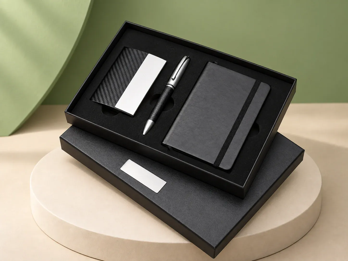 Kit executivo com caderneta, caneta e porta-cartões, na cor preto, sem personalização: caixa preta sobre a tampa com placa metálica, contendo porta-cartões com padrão trançado e placa metálica, caneta preta e prata e caderno preto com elástico