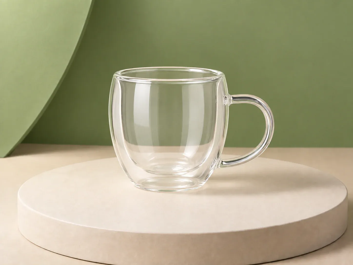 Caneca de vidro de parede dupla 150 ml, na cor transparente, sem personalização: caneca baixa transparente de parede dupla, bojo arredondado e alça curva transparente