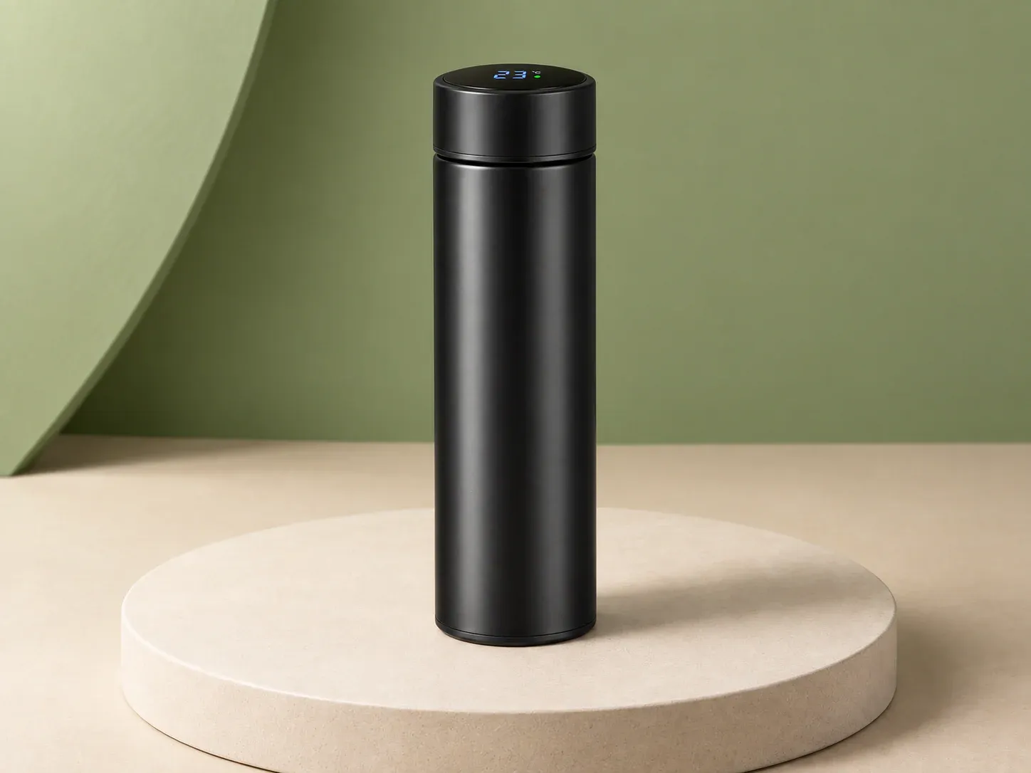Garrafa térmica 500 ml com display de temperatura, na cor preto, sem personalização: garrafa preta cilíndrica e reta com tampa preta que tem visor digital no topo