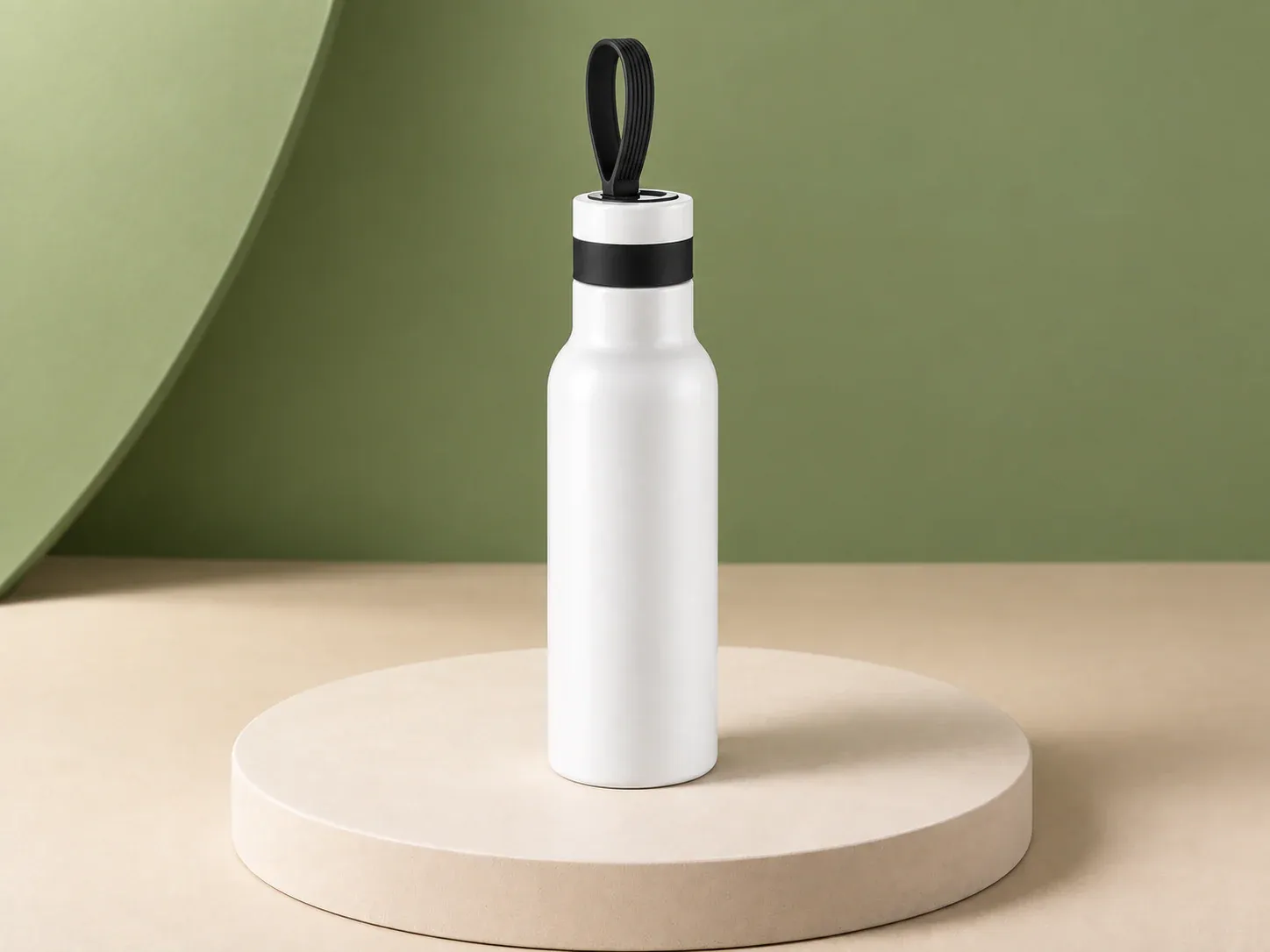 Garrafa térmica 500 ml com alça na tampa, na cor branco, sem personalização: garrafa branca fosca com faixa preta no gargalo, tampa branca e alça de laço no topo