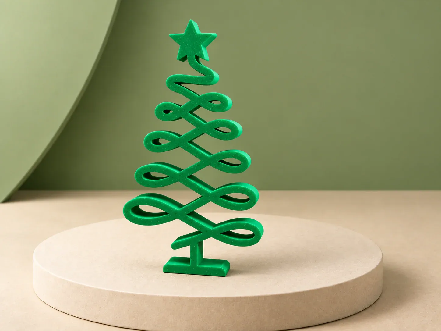 Árvore de Natal de mesa com laços, na cor verde, sem personalização: árvore verde vazada, feita de laços em curva que se estreitam até uma estrela no topo, sobre base reta
