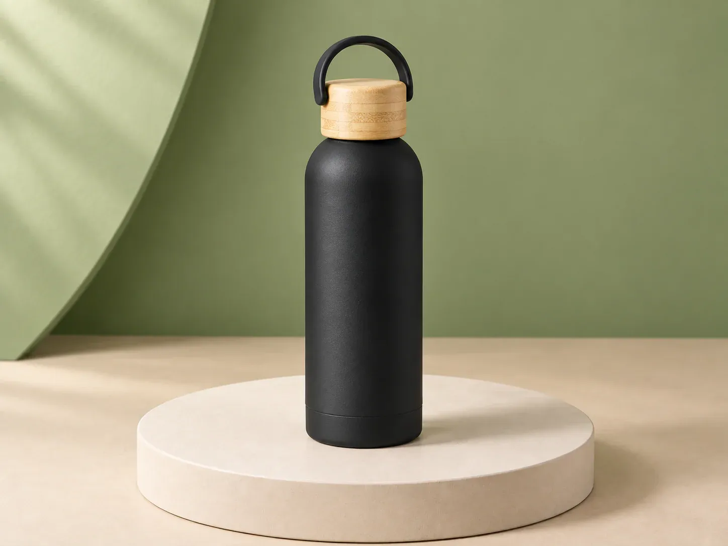 Garrafa inox 500 ml com tampa de bambu, na cor preto, sem personalização: garrafa fosca de ombro arredondado com tampa em tom de madeira clara e alça preta em arco sobre a tampa