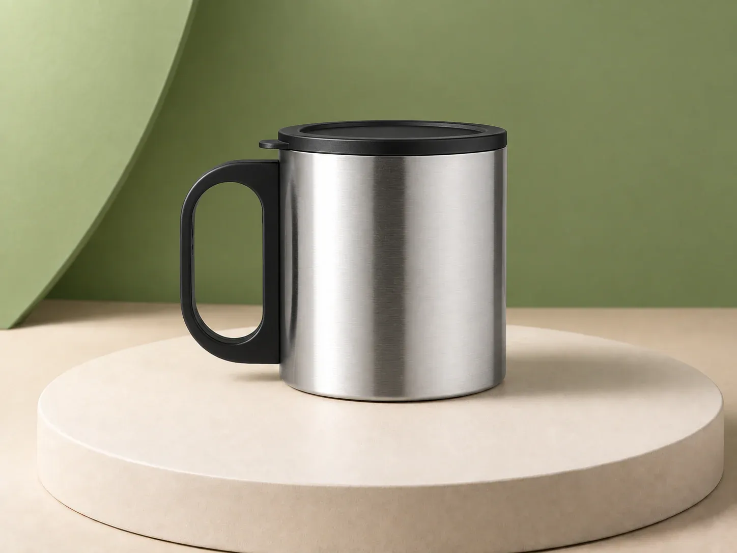 Caneca inox 180 ml com tampa, na cor prata, sem personalização: caneca de acabamento metálico escovado e corpo reto, com alça preta em D e tampa preta com lingueta