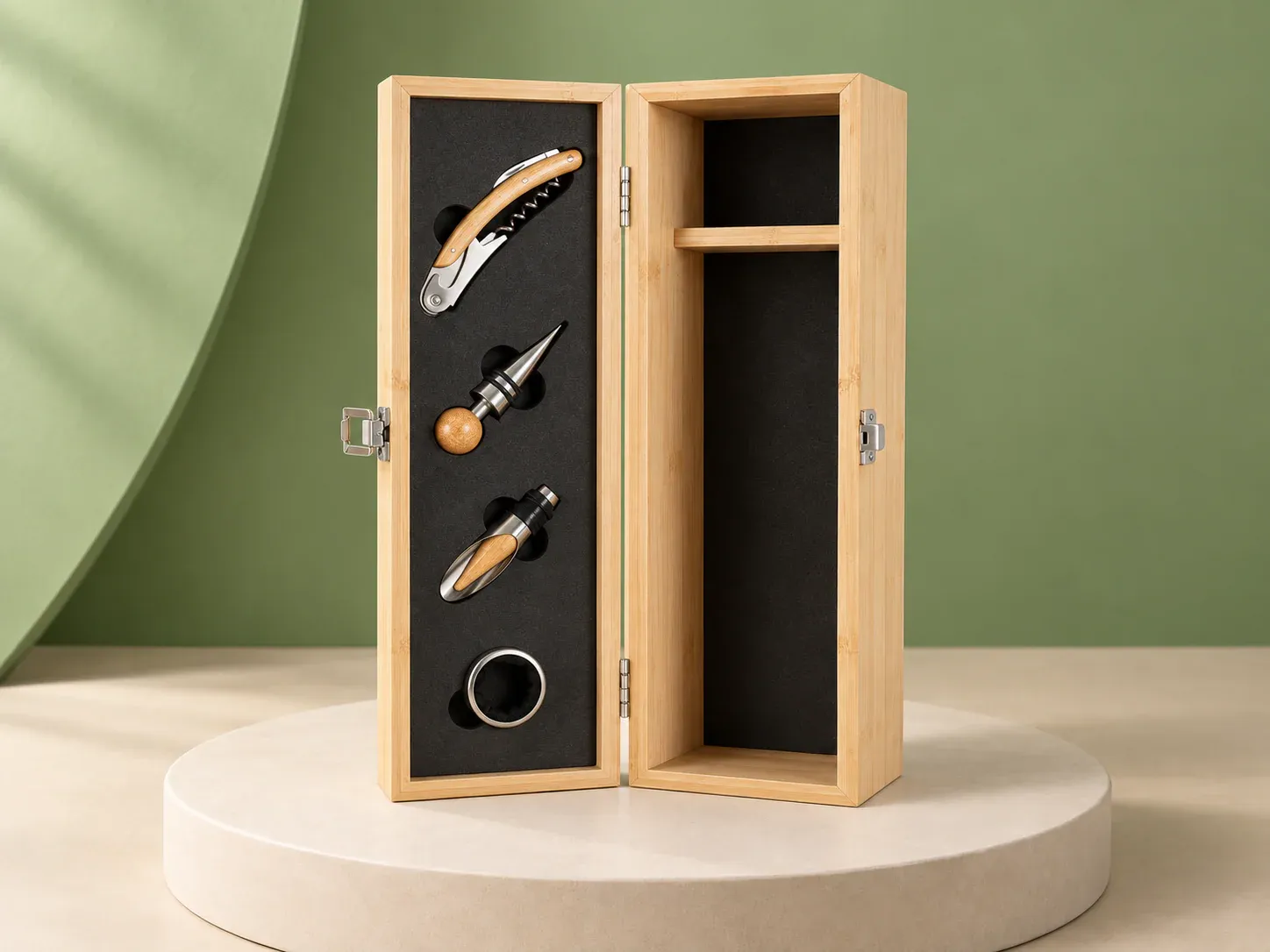Kit vinho 4 peças em caixa de bambu, na cor bege, sem personalização: caixa vertical de tom natural claro com porta aberta, com saca-rolhas, tampa de garrafa, bico dosador e anel corta-gotas encaixados no painel preto da porta