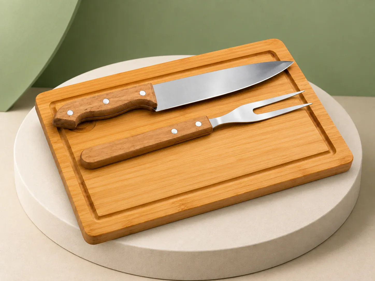 Kit churrasco com tábua, faca e garfo, sem personalização: tábua retangular clara com canaleta, faca e garfo trinchante de cabos em tom de madeira com rebites