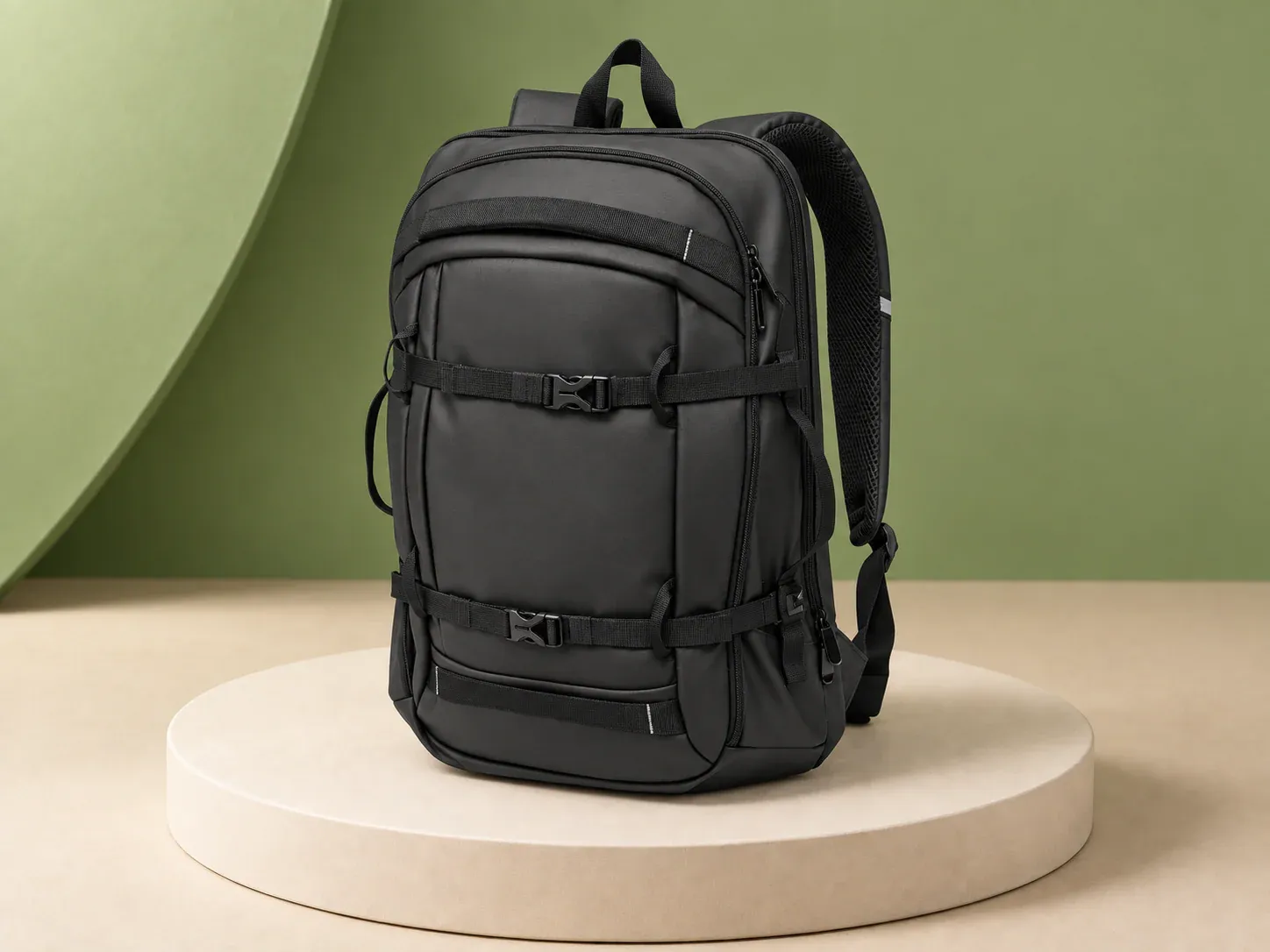 Mochila para notebook 17,3″ com cintas frontais, na cor preto, sem personalização: mochila preta com painel frontal acolchoado, duas fitas com fivela, alça de mão e alças de ombro com detalhe refletivo