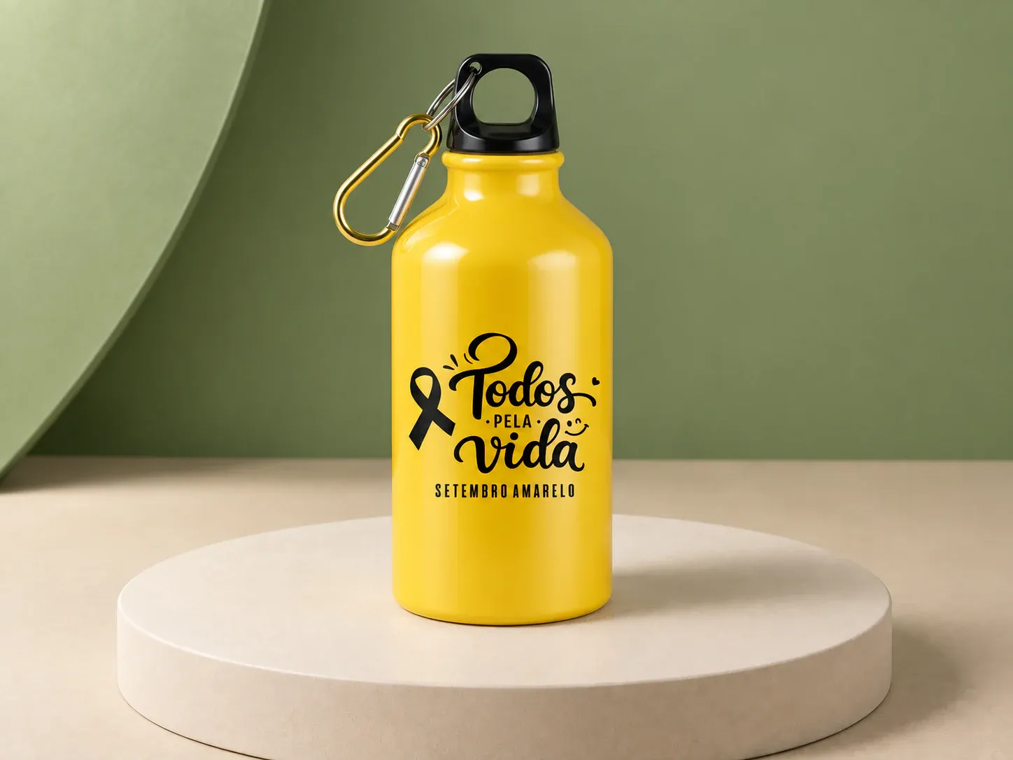 Squeeze de alumínio 420 ml Setembro Amarelo, na cor amarelo, com a arte da campanha e sem a sua marca: squeeze amarelo com tampa preta de rosca com alça e mosquetão dourado, estampado com 'Todos pela vida, Setembro Amarelo'
