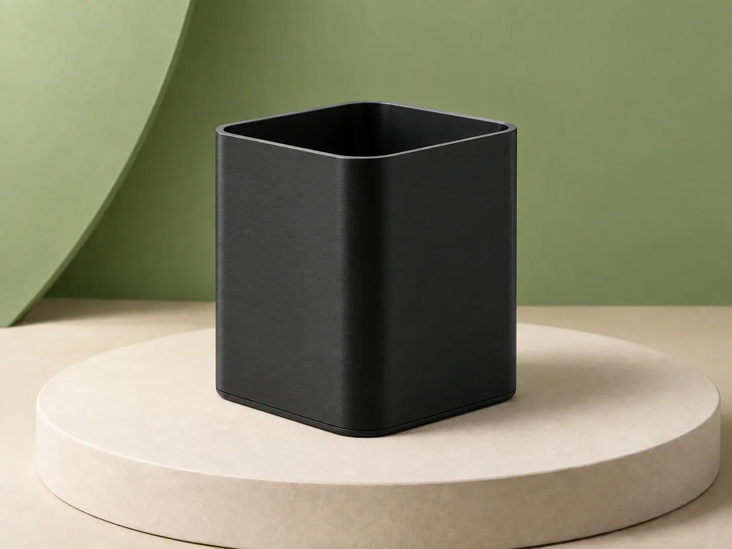 Porta-canetas quadrado, na cor preto, sem personalização: porta-canetas quadrado preto de cantos arredondados, com textura de linhas horizontais e aba na borda