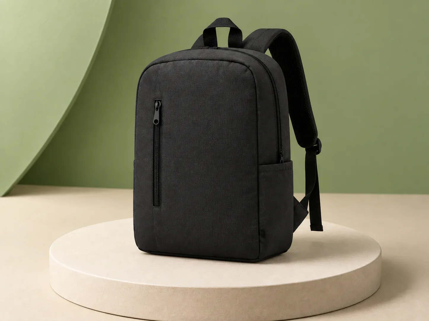 Mochila com bolso de zíper vertical, na cor preto, sem personalização: mochila de tecido mesclado com cantos arredondados, bolso frontal de zíper vertical, bolso lateral e alças pretas