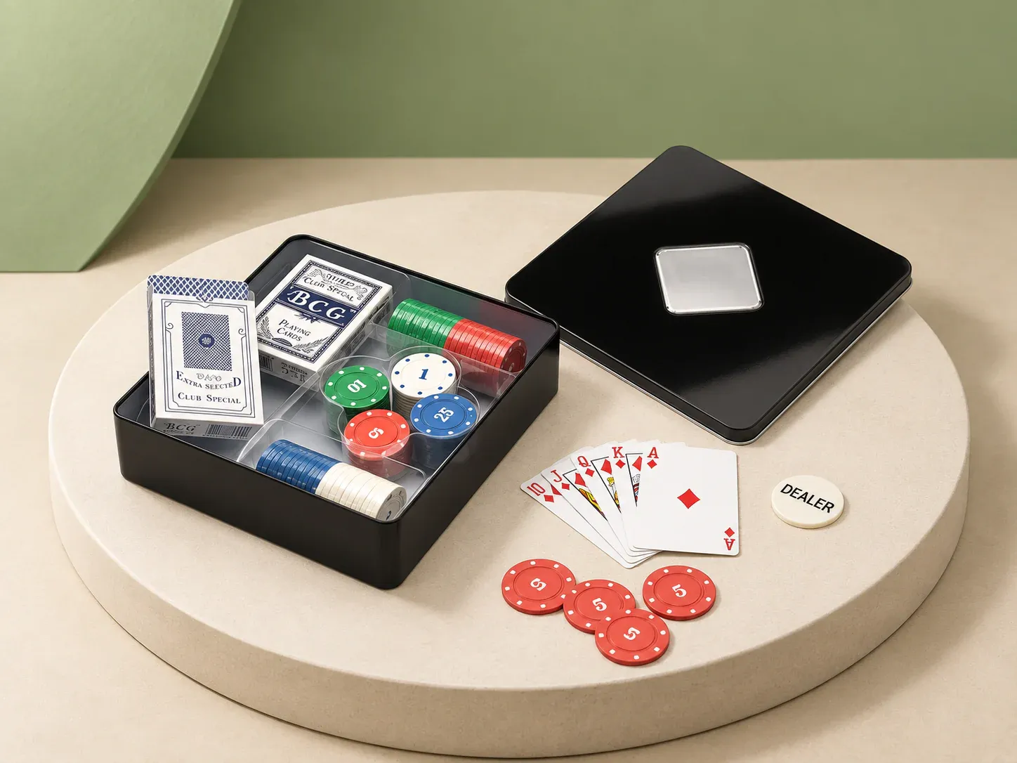 Kit pôquer 100 fichas em estojo metálico, na cor preto, sem personalização: caixa preta quadrada com tampa de plaqueta prateada, fichas coloridas em divisória transparente, dois baralhos, cartas e botão dealer
