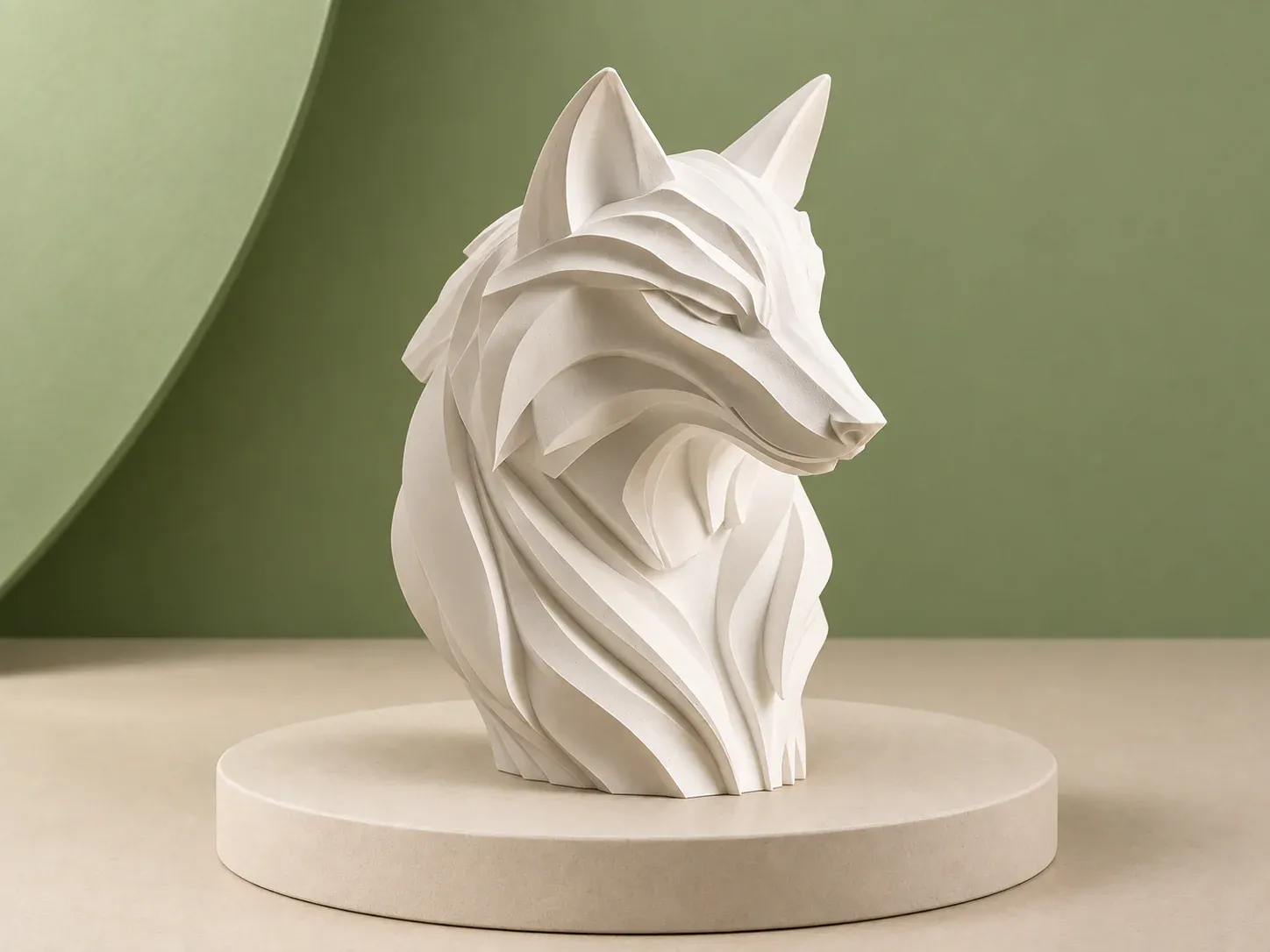 Escultura de cabeça de lobo, na cor branco, sem personalização: busto branco de cabeça de lobo com pelagem em lâminas facetadas e orelhas pontudas