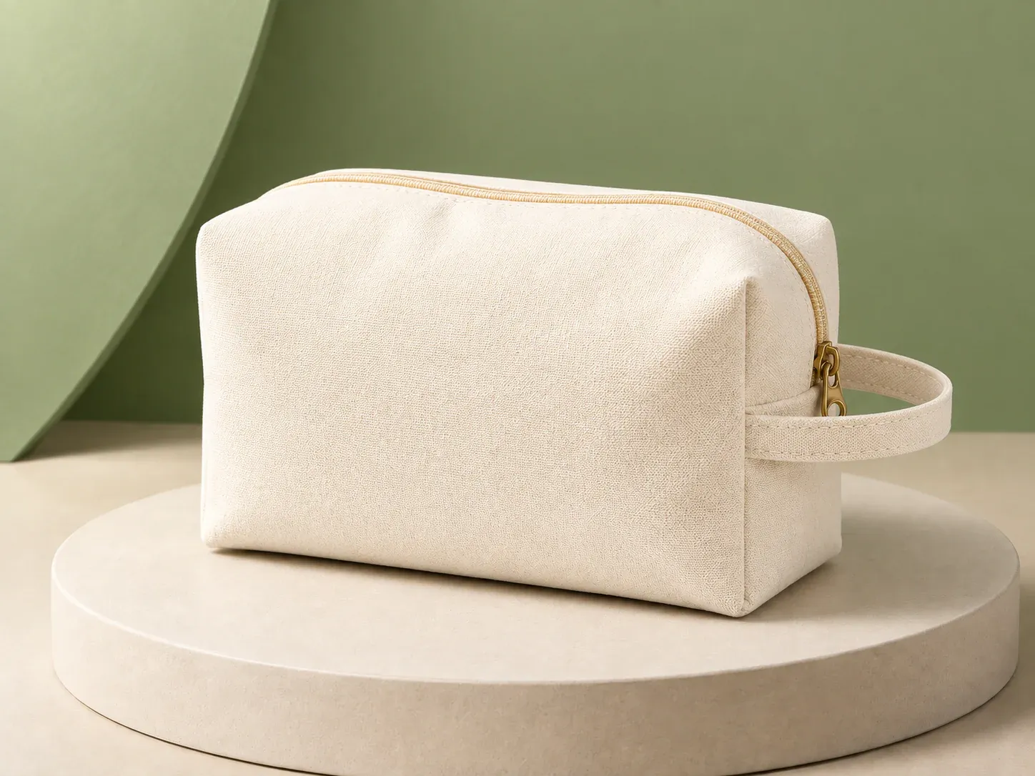Necessaire cru com zíper dourado, na cor cru, sem personalização: necessaire cru retangular com zíper dourado e alça lateral na mesma cor do tecido