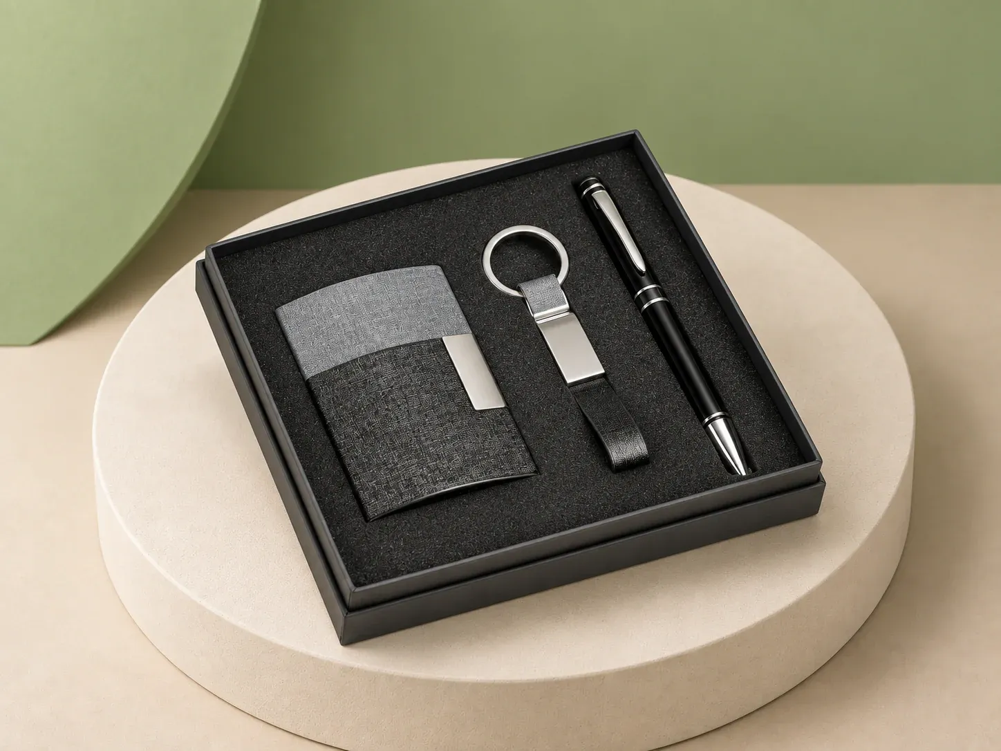 Kit porta-cartões, chaveiro e caneta touch, na cor preto, sem personalização: caixa preta com porta-cartões preto e cinza com placa metálica, chaveiro de alça preta com placa metálica e caneta preta com detalhes cromados