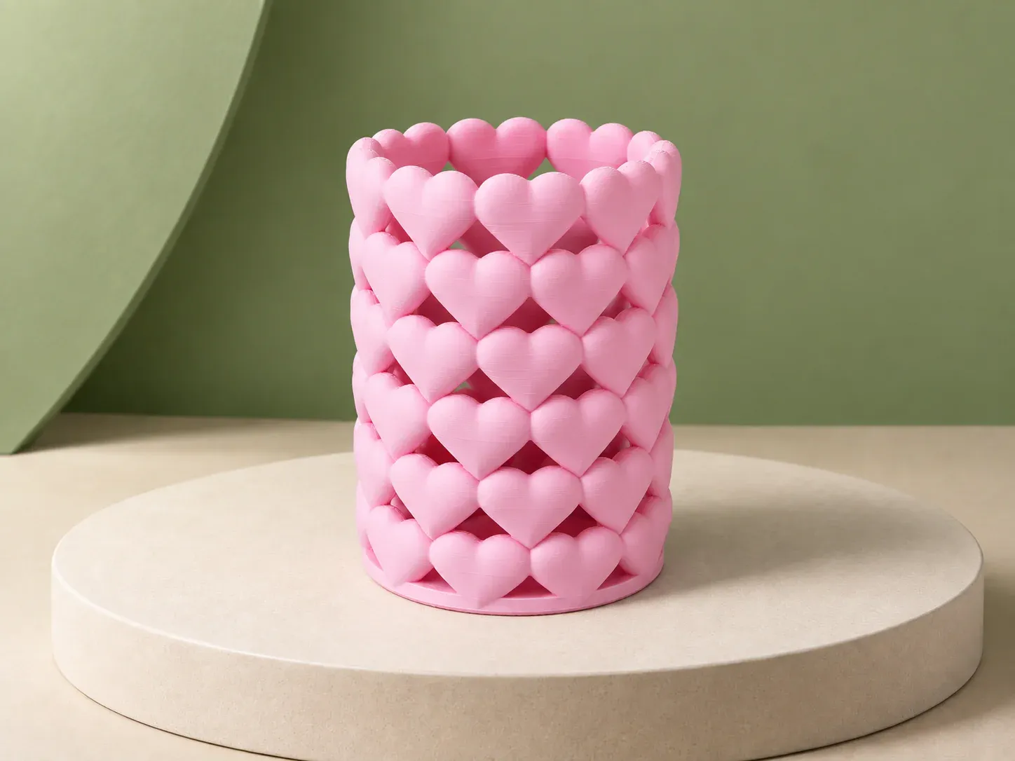 Porta-canetas vazado de corações, na cor rosa, sem personalização: porta-canetas cilíndrico rosa formado por corações encaixados, com vãos entre eles e base anelar
