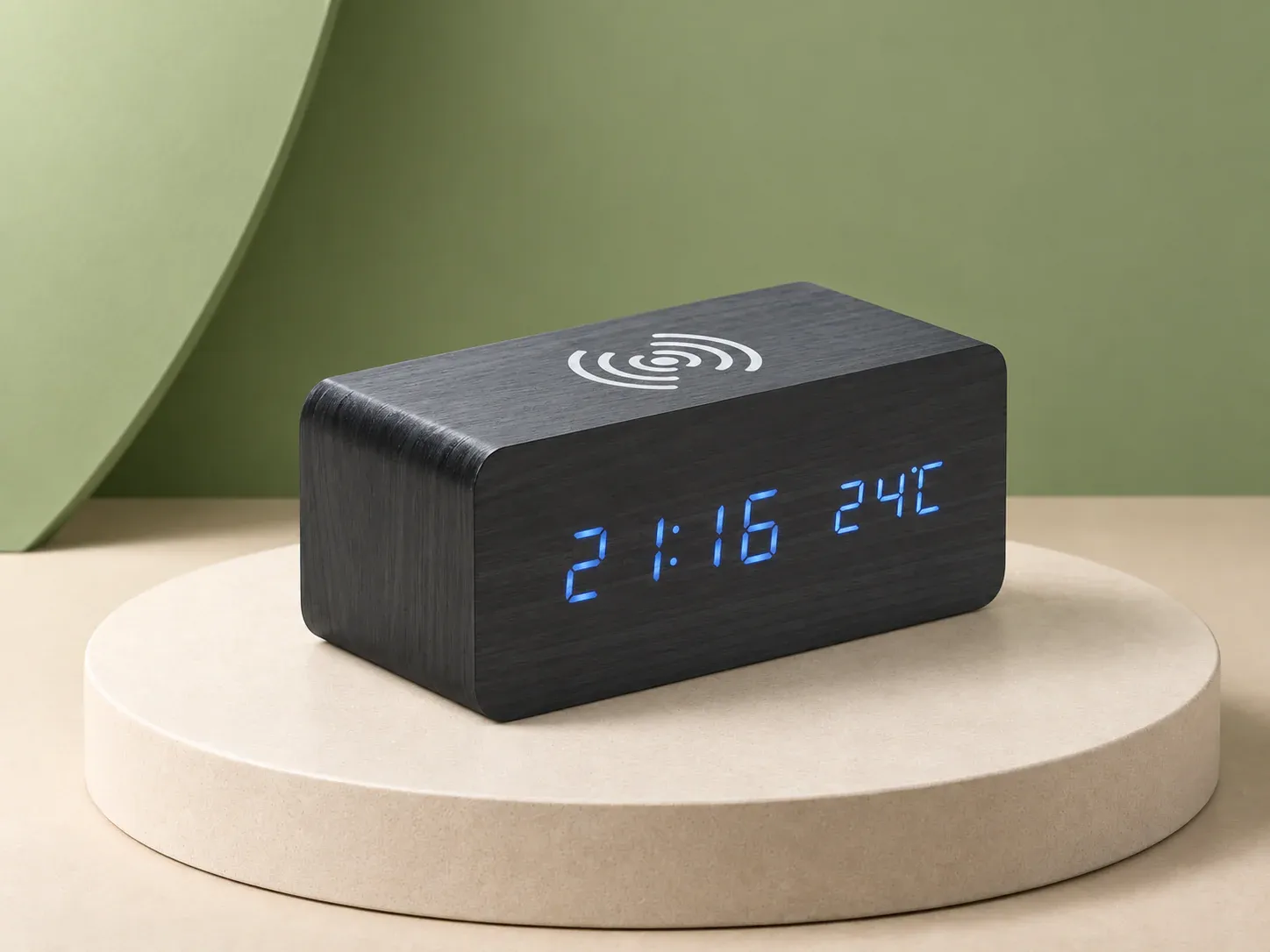 Relógio de mesa com carregador por indução, na cor preto, sem personalização: relógio de mesa retangular preto com textura de veios, visor de LED azul com hora e temperatura e símbolo de ondas no topo