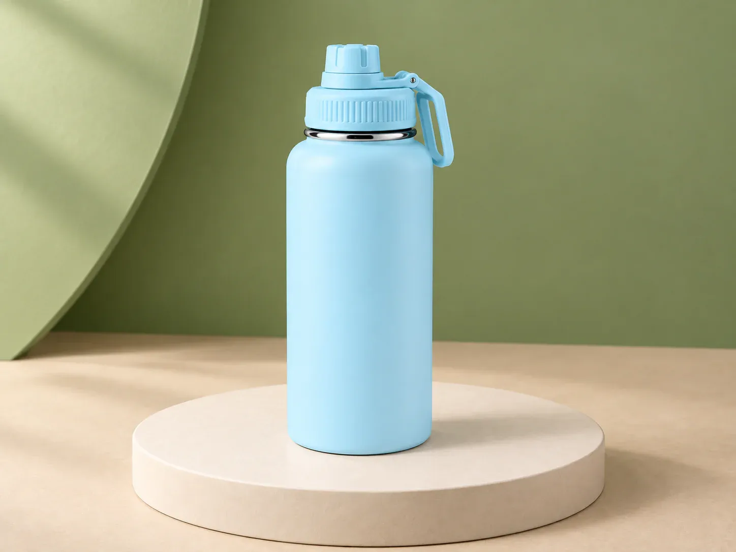 Garrafa térmica inox com tampa de bico, na cor azul-claro, sem personalização: garrafa fosca de boca larga com tampa de bico, alça lateral na tampa e anel metálico no gargalo