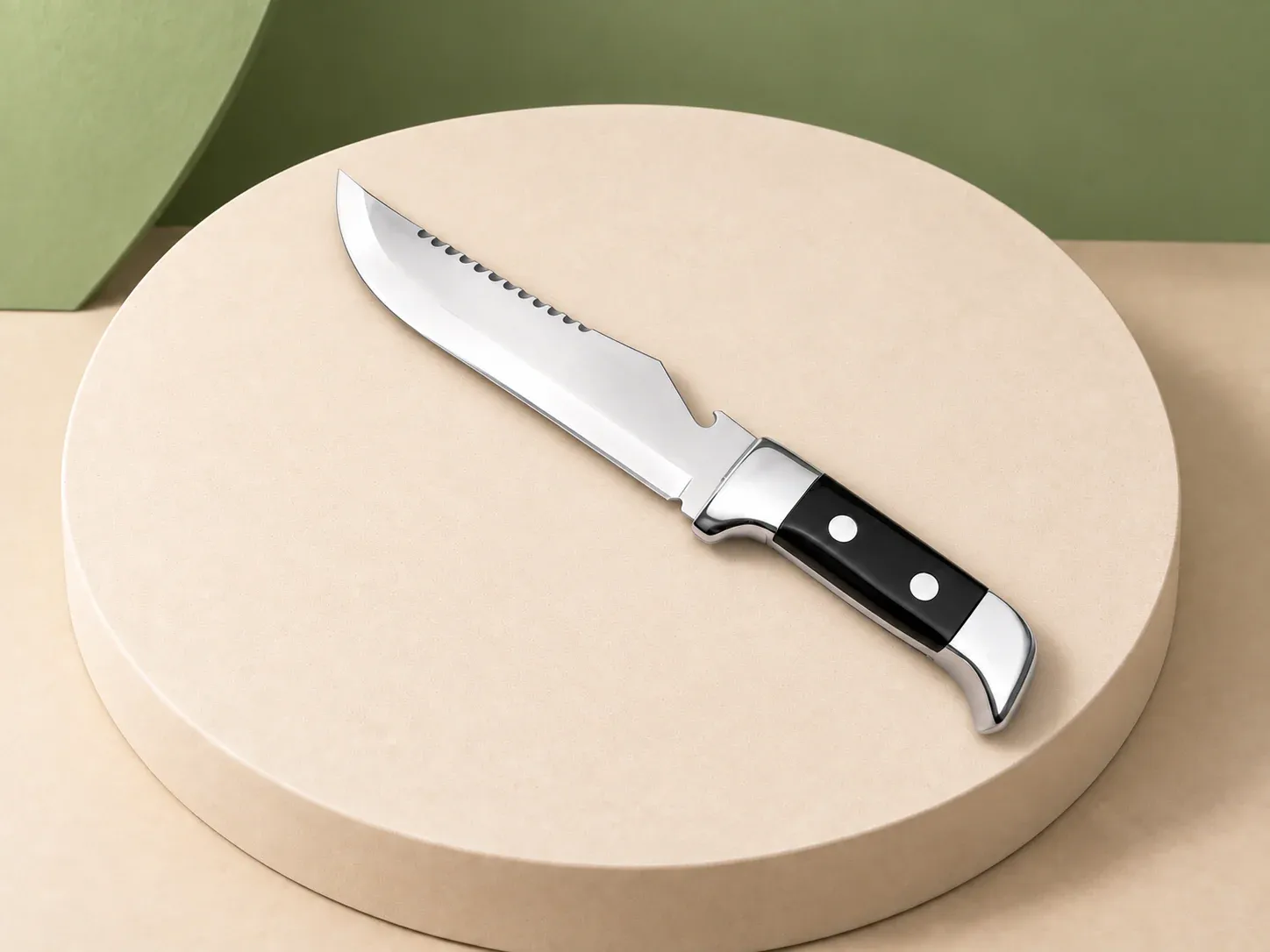 Faca esportiva 7″ com cabo preto, sem personalização: faca de lâmina prateada com dorso serrilhado, recorte junto à guarda, guarda metálica e cabo preto com dois rebites