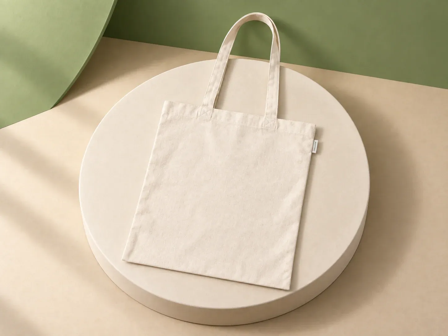 Sacola de algodão reciclado 180 g/m², na cor cru, sem personalização: sacola cor cru com duas alças e pequena etiqueta na costura lateral