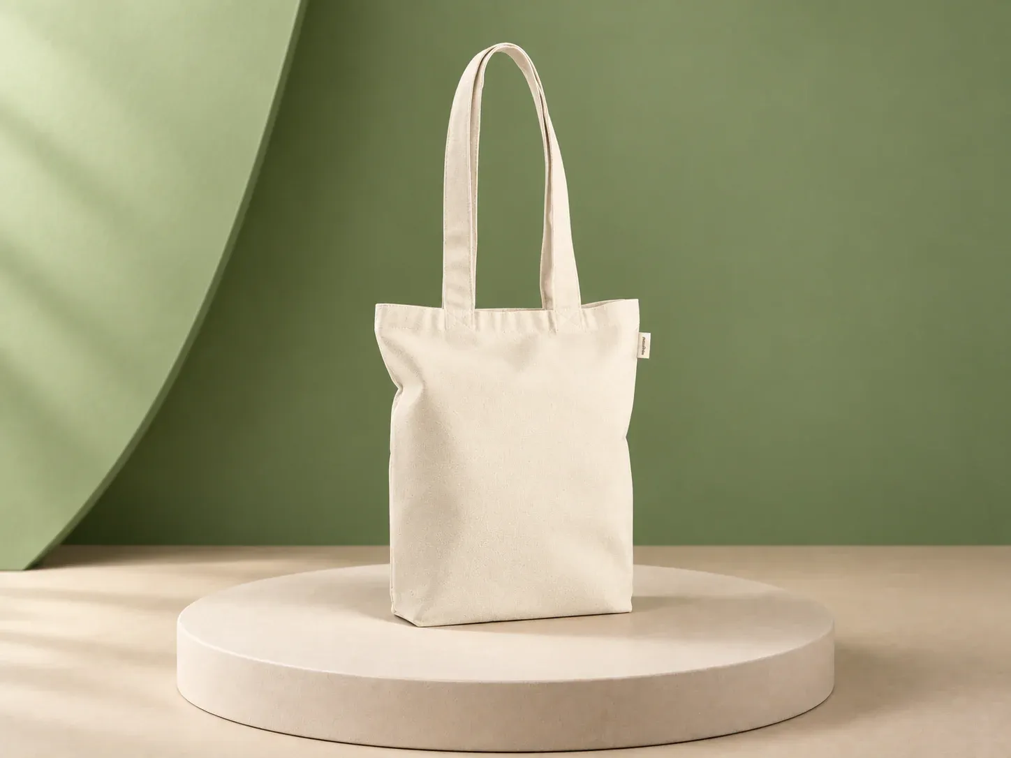 Sacola de algodão reciclado 140 g/m² com fole, na cor cru, sem personalização: sacola reta de tecido cru com alças longas e pequena etiqueta na costura lateral