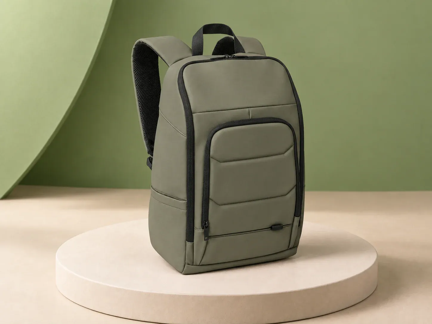 Mochila para notebook 16″ de poliéster reciclado, na cor verde-oliva, sem personalização: mochila verde-oliva com bolso frontal acolchoado de costuras em chevron, vivos e zíperes pretos e alças pretas