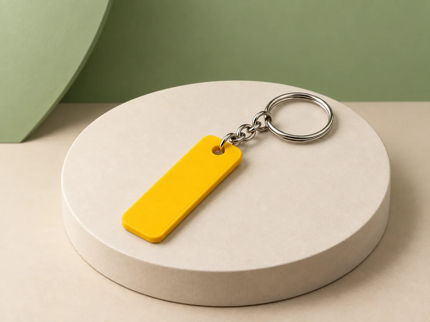 Chaveiro de placa retangular, na cor amarelo, sem personalização: chaveiro de placa retangular com cantos arredondados, furo, corrente curta e argola