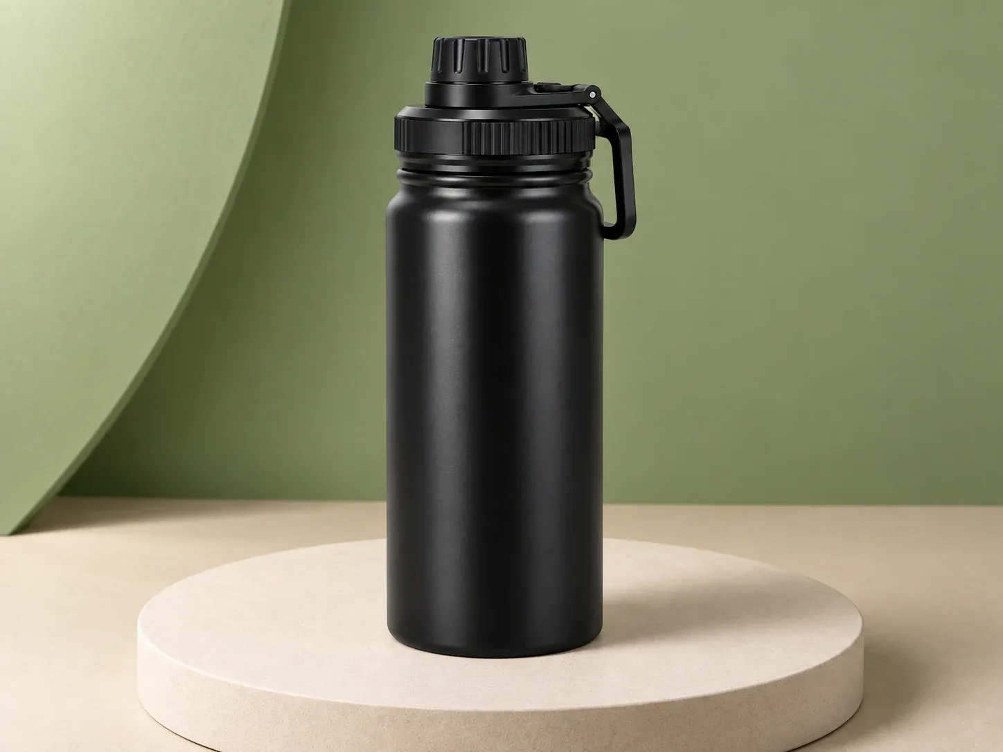 Garrafa térmica 570 ml com alça na tampa, na cor preto, sem personalização: garrafa preta de corpo reto com boca larga e tampa preta de rosca com alça lateral