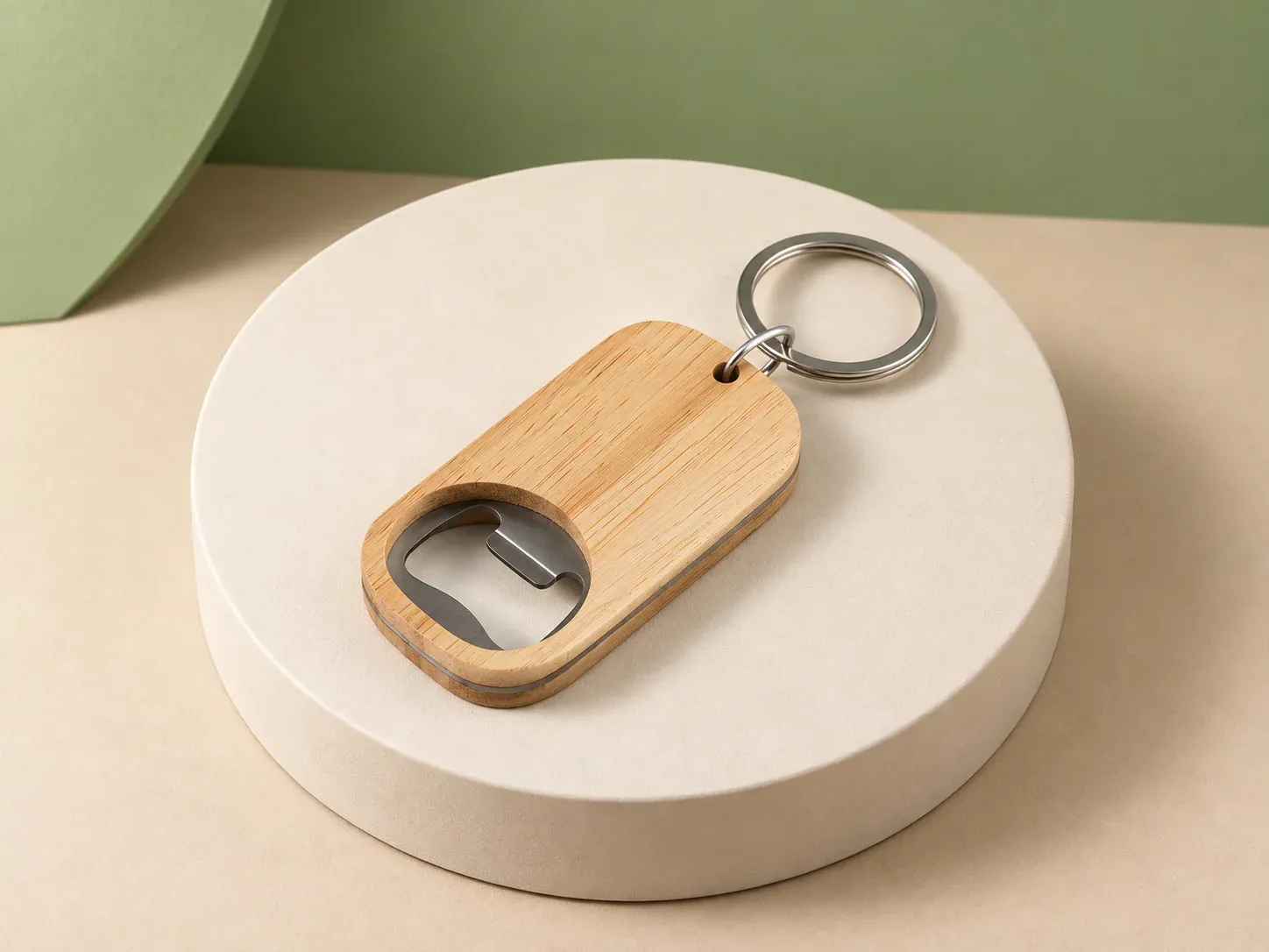 Chaveiro abridor de bambu e inox, na cor madeira clara, sem personalização: chaveiro abridor retangular de cantos arredondados, tom amadeirado claro, com vazado metálico de abridor e argola metálica