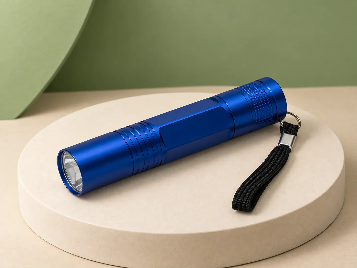 Mini lanterna com cordão de pulso, na cor azul, sem personalização: lanterna de mão cilíndrica azul com face plana no corpo, frisos, tampa traseira serrilhada e cordão de pulso preto