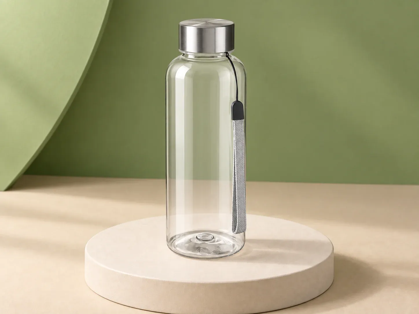 Garrafa de PET reciclado com alça, na cor transparente, sem personalização: garrafa transparente cilíndrica com tampa metálica escovada e alça de mão cinza presa ao gargalo