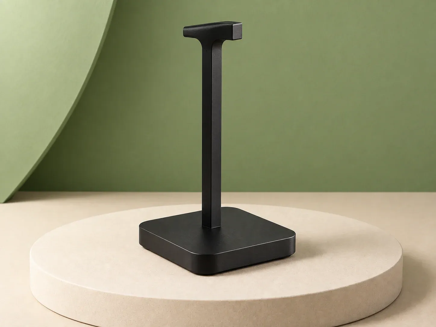 Suporte para headset de haste reta, na cor preto, sem personalização: suporte preto para headset com haste reta vertical, topo em T e base quadrada de cantos arredondados