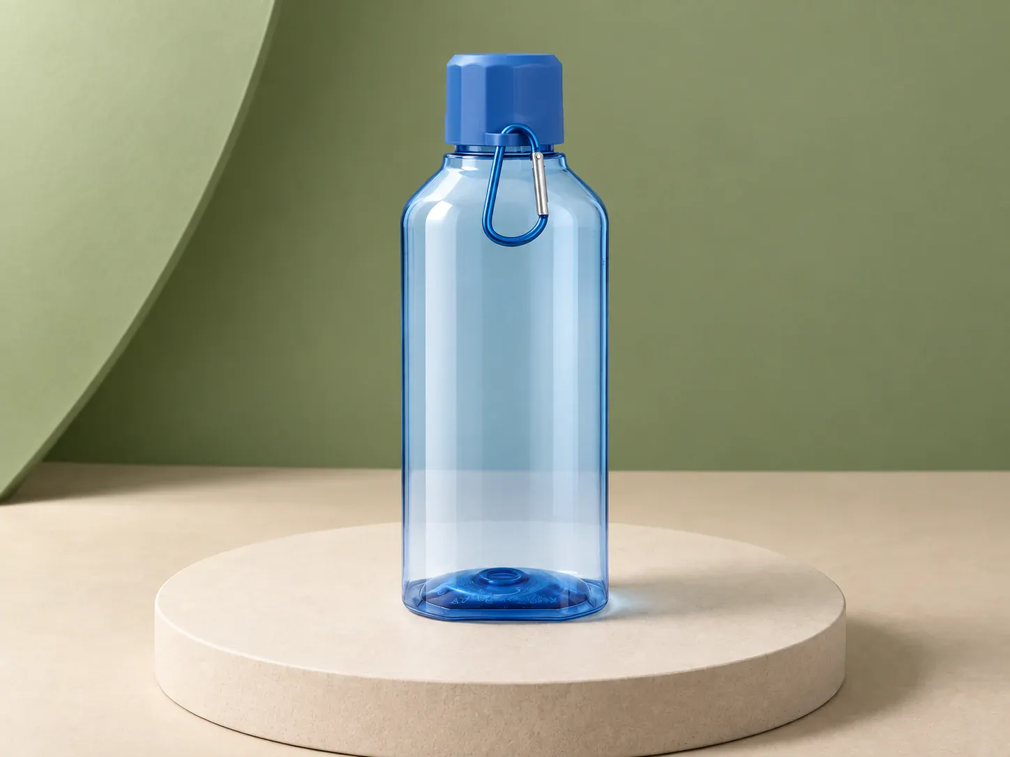 Garrafa plástica 730 ml com mosquetão, na cor azul, sem personalização: garrafa azul transparente de corpo reto com tampa azul facetada e mosquetão azul