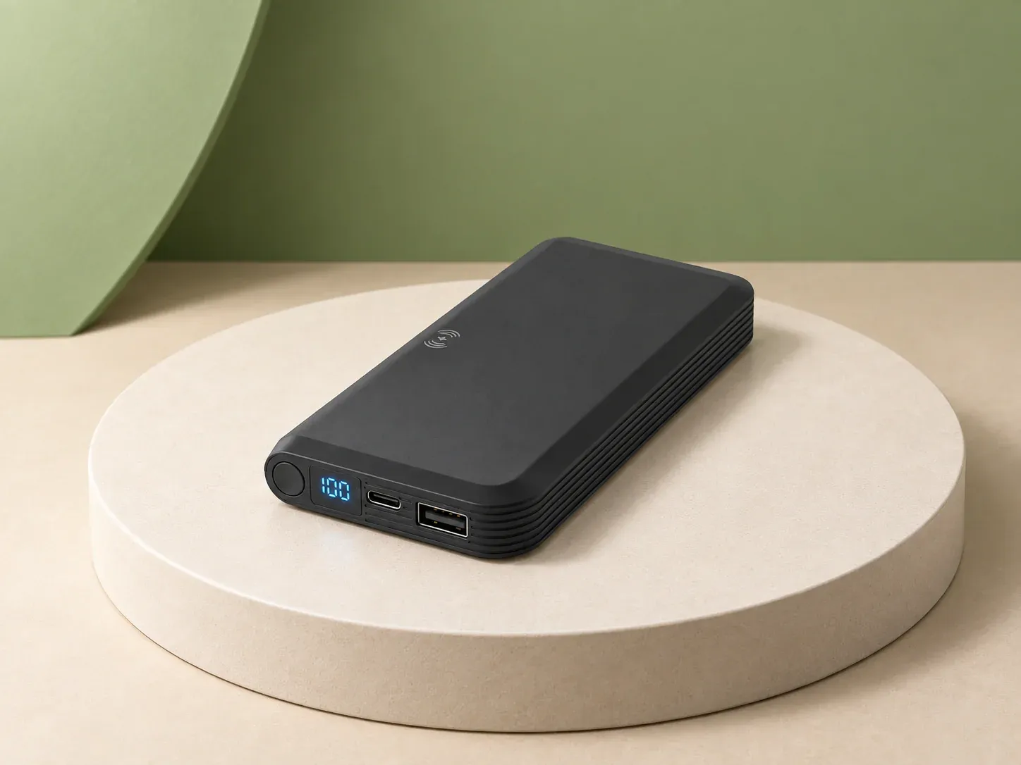 Power bank 10.000 mAh com carregamento sem fio, na cor preto, sem personalização: carregador portátil preto retangular com laterais frisadas, mostrador azul, portas na lateral e símbolo de ondas no topo
