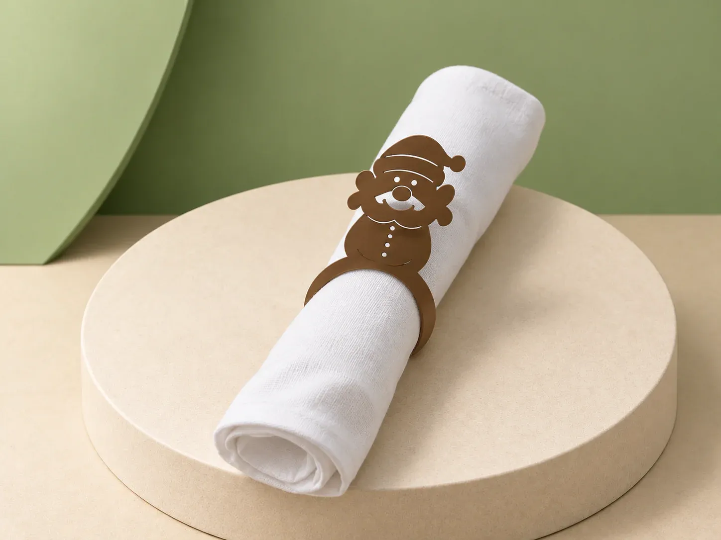Porta-guardanapo de Natal com Papai Noel, na cor marrom, sem personalização: argola marrom com um Papai Noel de gorro, bigode e botões, envolvendo um guardanapo branco enrolado
