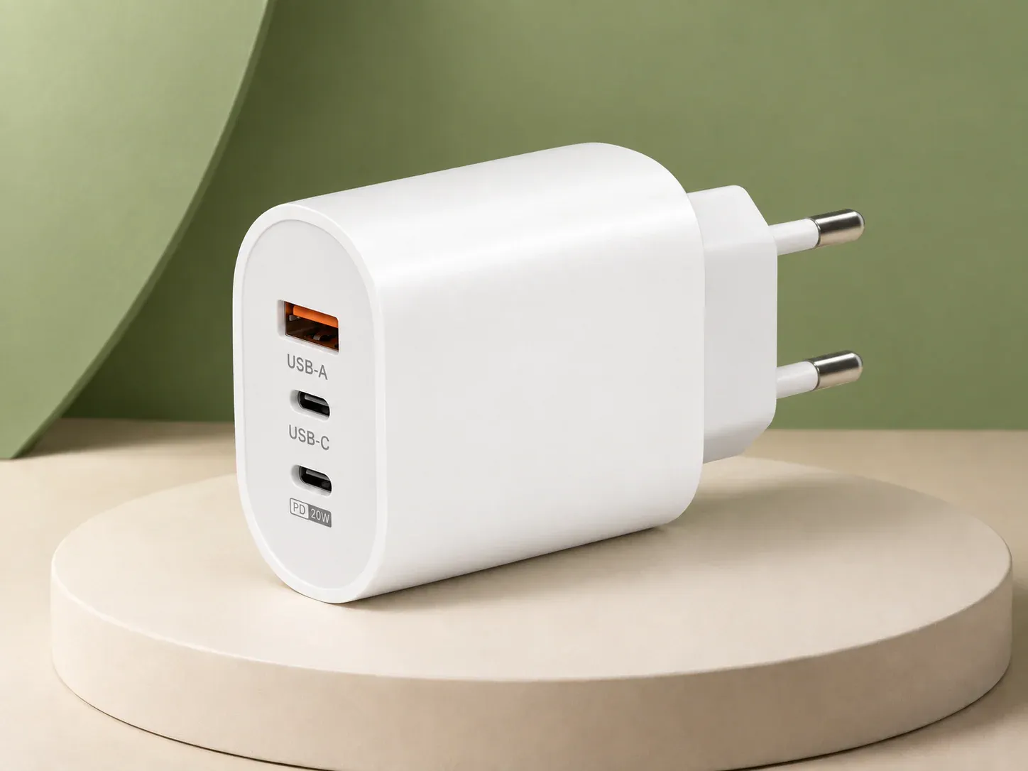 Carregador de tomada 20 W com 3 entradas, na cor branco, sem personalização: carregador de tomada branco com pino de duas pontas redondas e três entradas frontais, uma USB-A e duas USB-C