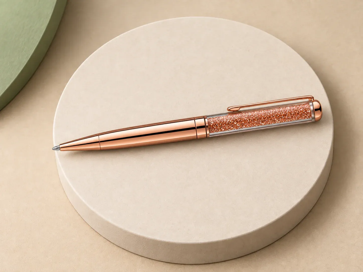 Caneta rosé com cristais, na cor rosé, sem personalização: caneta rosé espelhada com trecho transparente cheio de pedrinhas brilhantes rosé e clipe rosé