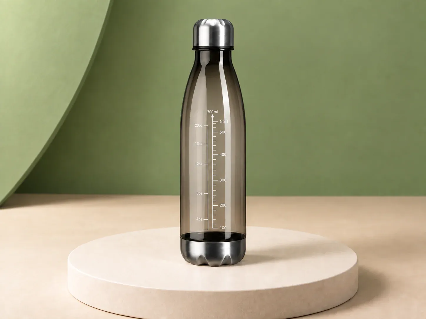 Garrafa fumê 750 ml com escala, na cor fumê, sem personalização: garrafa fumê translúcida de gargalo curvo com escala de medida impressa, tampa metálica e base metálica