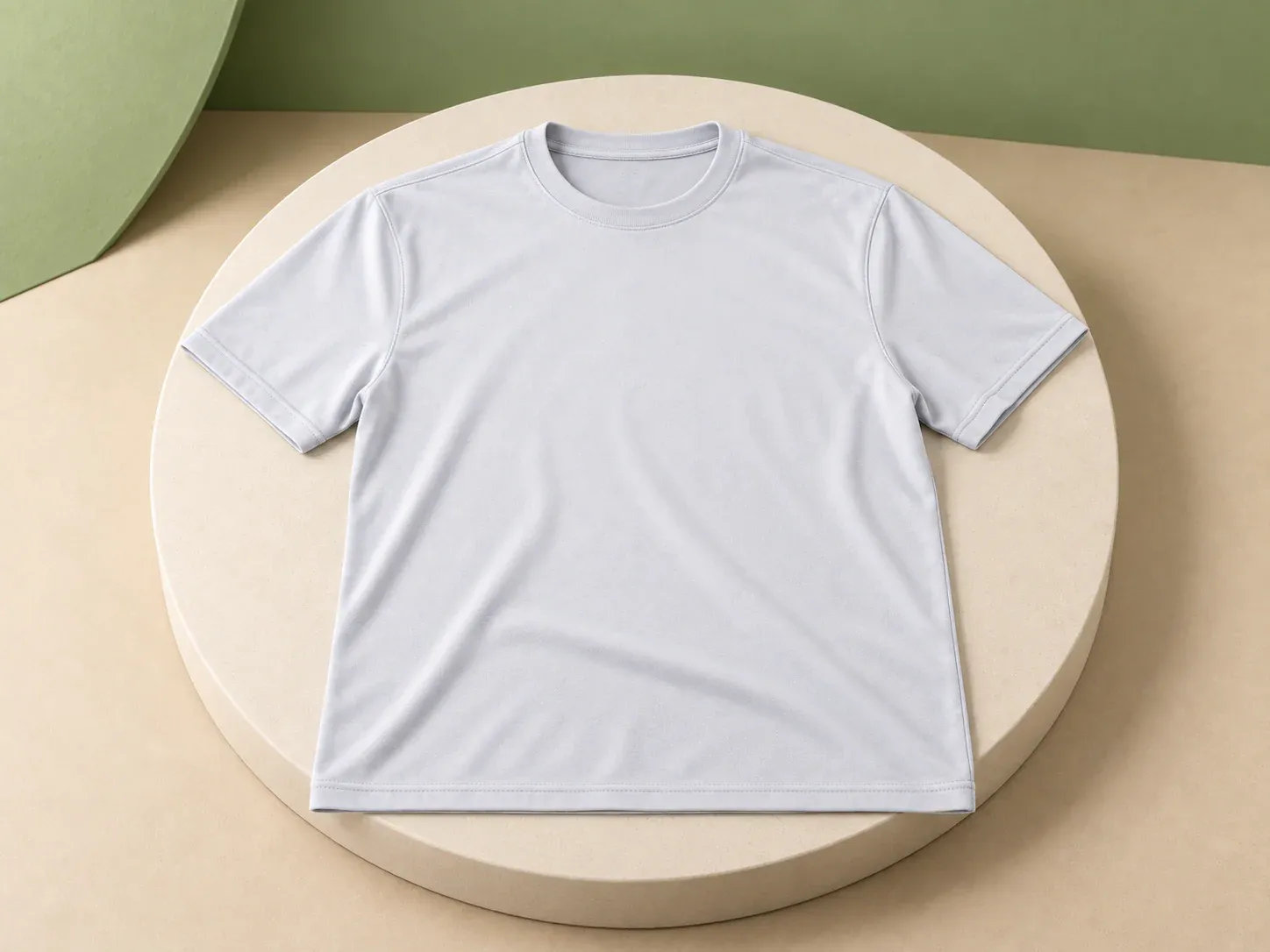Camiseta branca, na cor cinza-claro, sem personalização: camiseta de manga curta cinza-clara, quase branca, com gola redonda canelada, estendida sobre pedestal