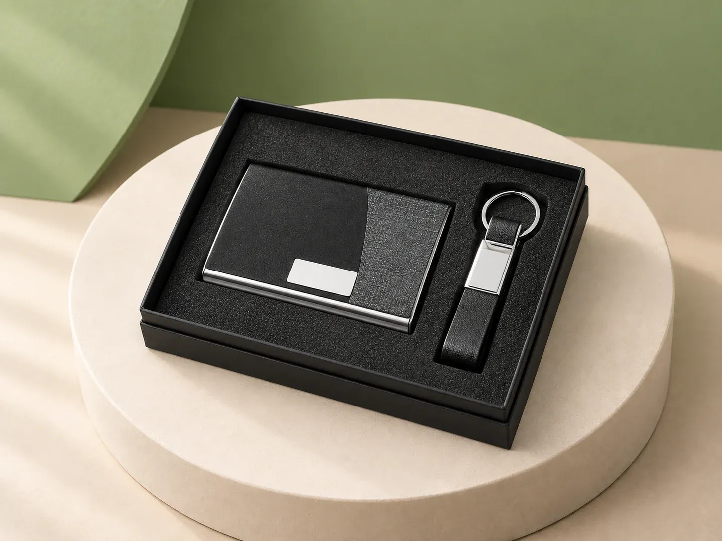 Kit porta-cartões e chaveiro, na cor preto, sem personalização: caixa preta com porta-cartões preto e cinza texturizado com placa metálica e chaveiro preto com placa metálica e argola