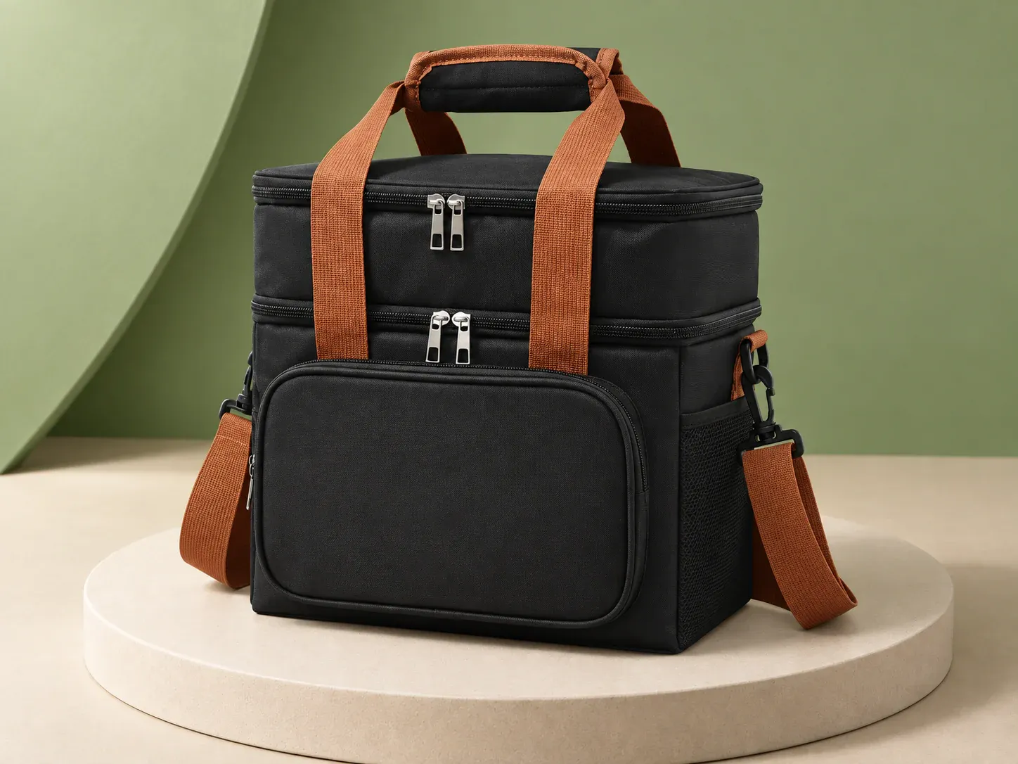 Bolsa térmica dupla 12 L, na cor preto, sem personalização: bolsa preta de dois compartimentos com zíperes, bolso frontal, bolsos laterais de tela e alças marrom-ferrugem de mão e de ombro