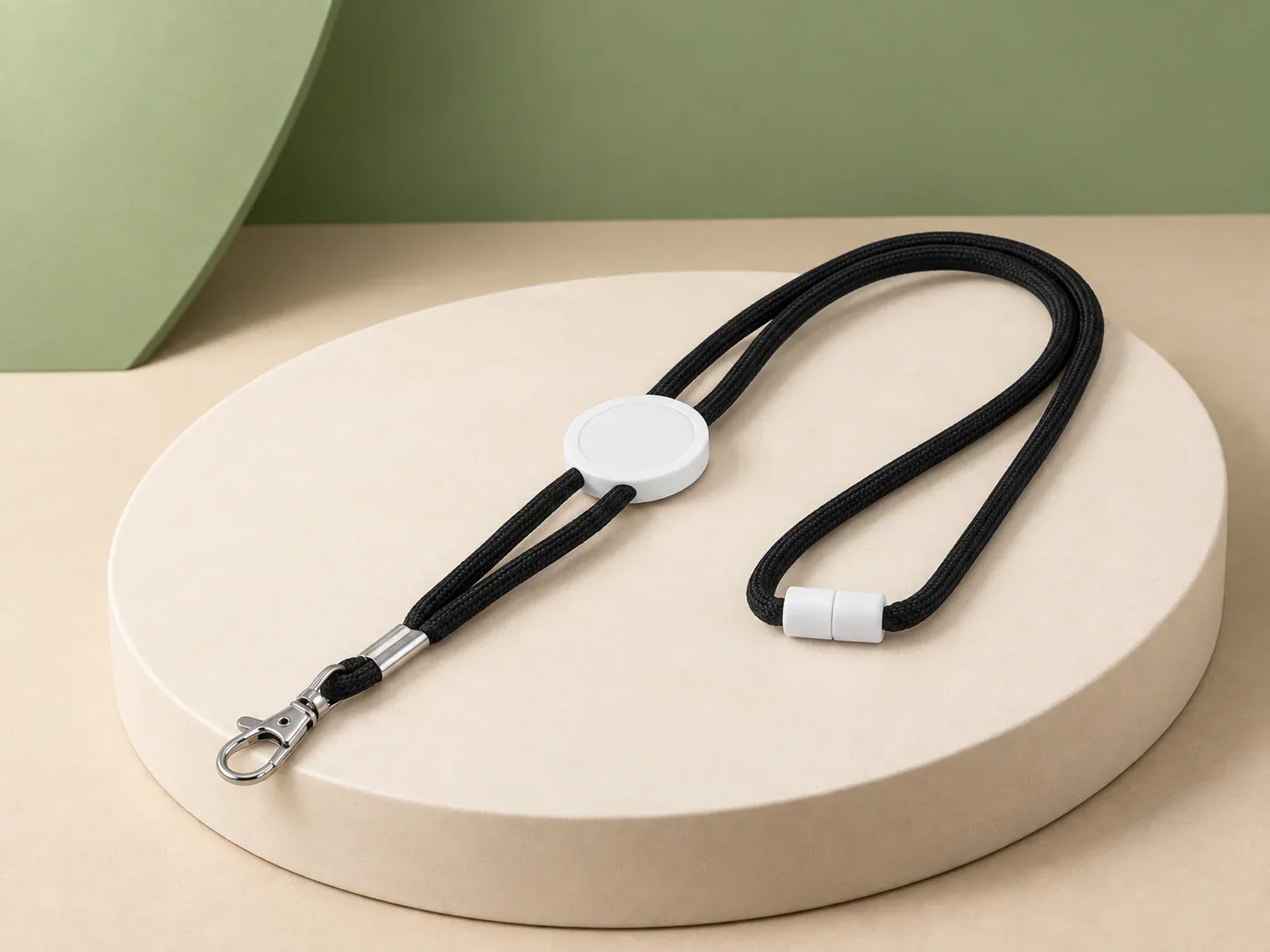 Cordão roliço para crachá com mosquetão, na cor preto, sem personalização: cordão roliço para crachá com regulador redondo branco, terminal branco e mosquetão metálico
