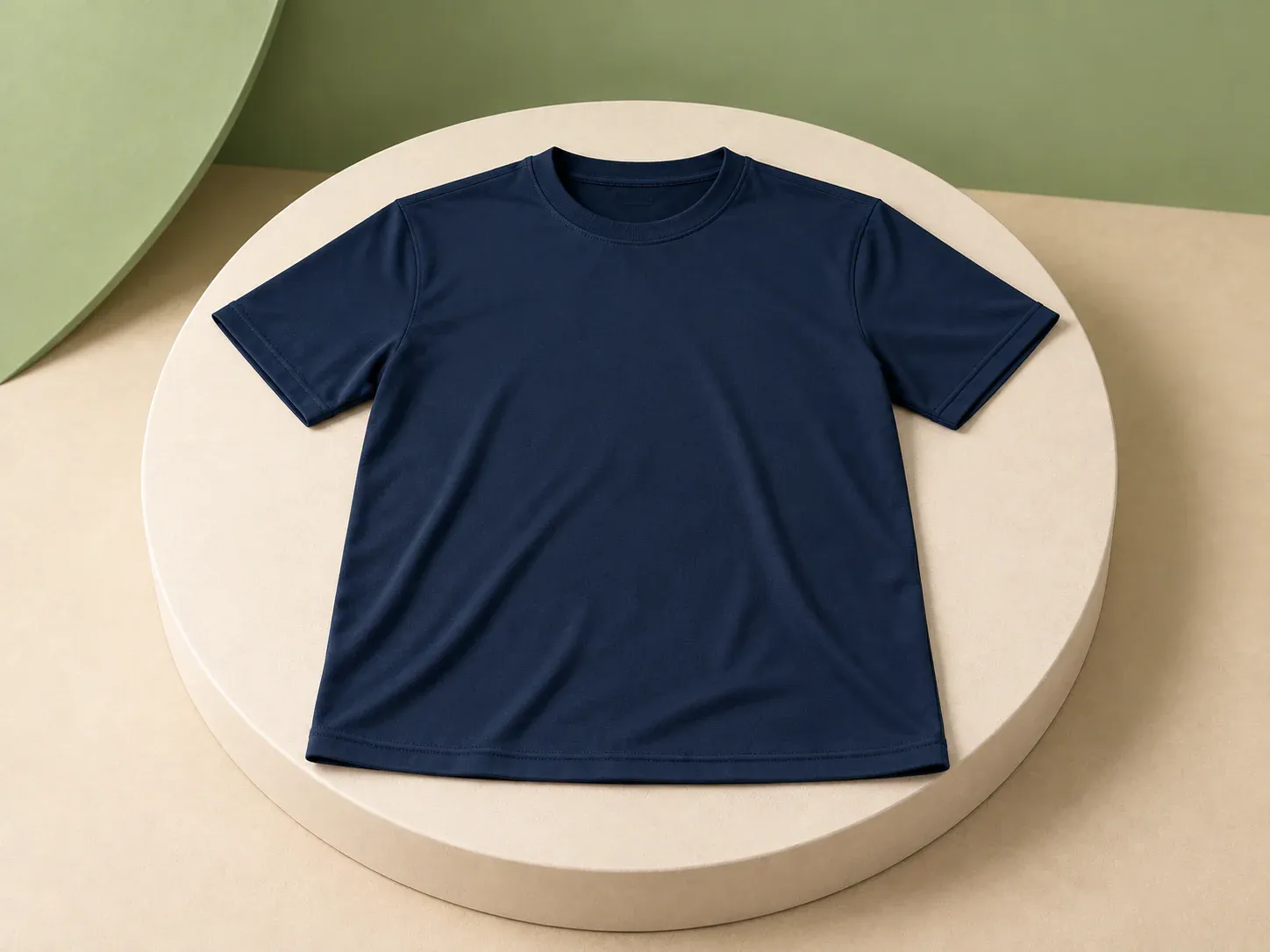 Camiseta azul-marinho, na cor azul-marinho, sem personalização: camiseta de manga curta azul-marinho com gola redonda canelada, estendida sobre pedestal