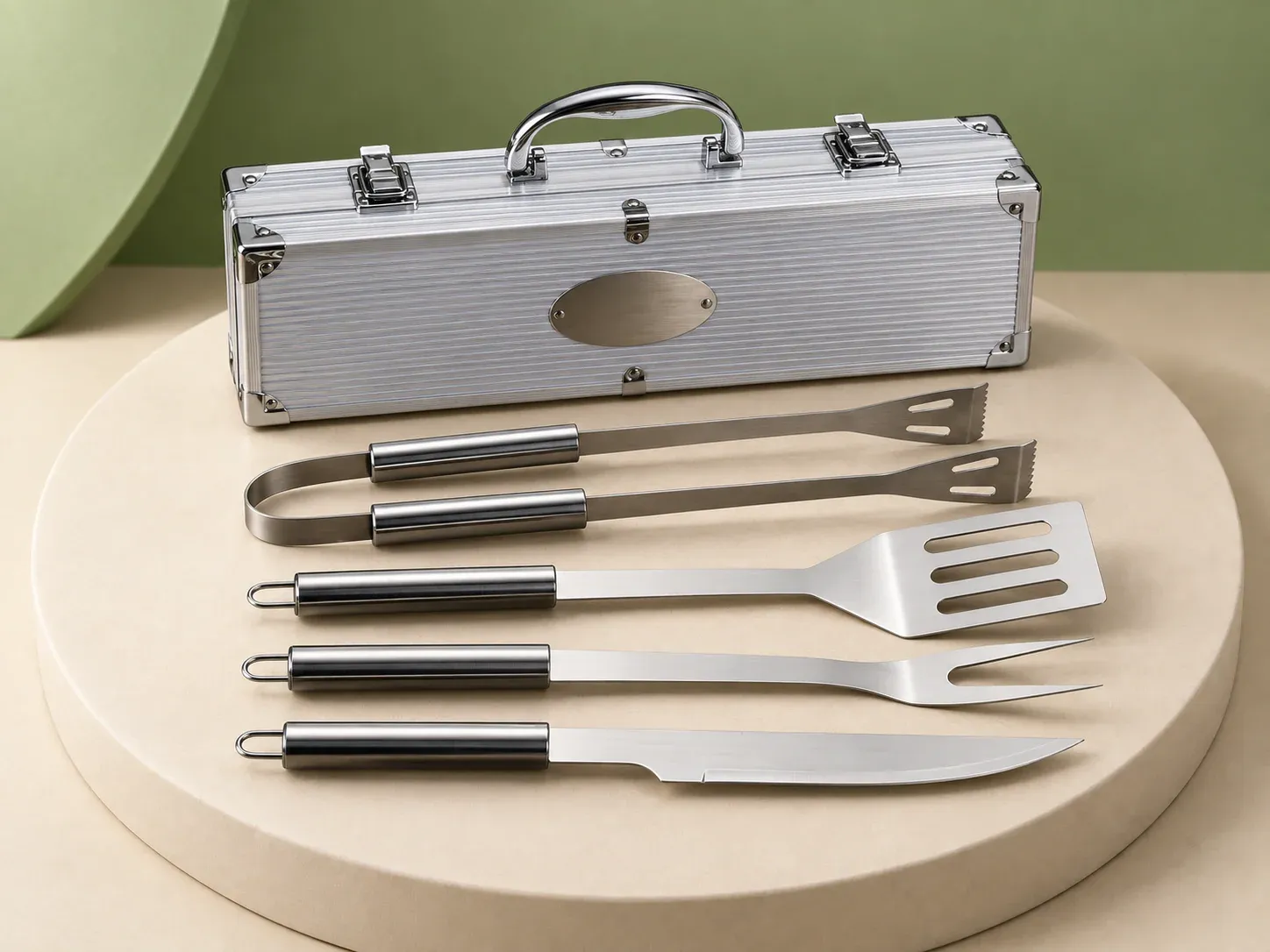 Kit churrasco 4 peças em maleta de alumínio, na cor prata, sem personalização: maleta metálica frisada com alça, fechos e placa oval, com pegador, espátula, garfo e faca de cabos metálicos cilíndricos
