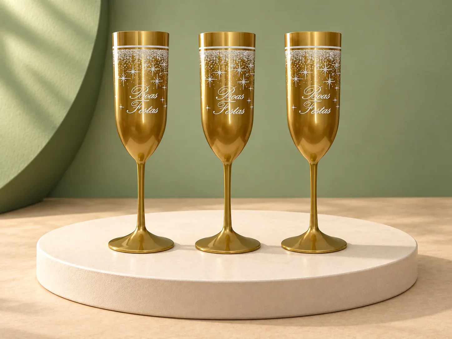 Taça dourada Boas Festas, com arte de exemplo