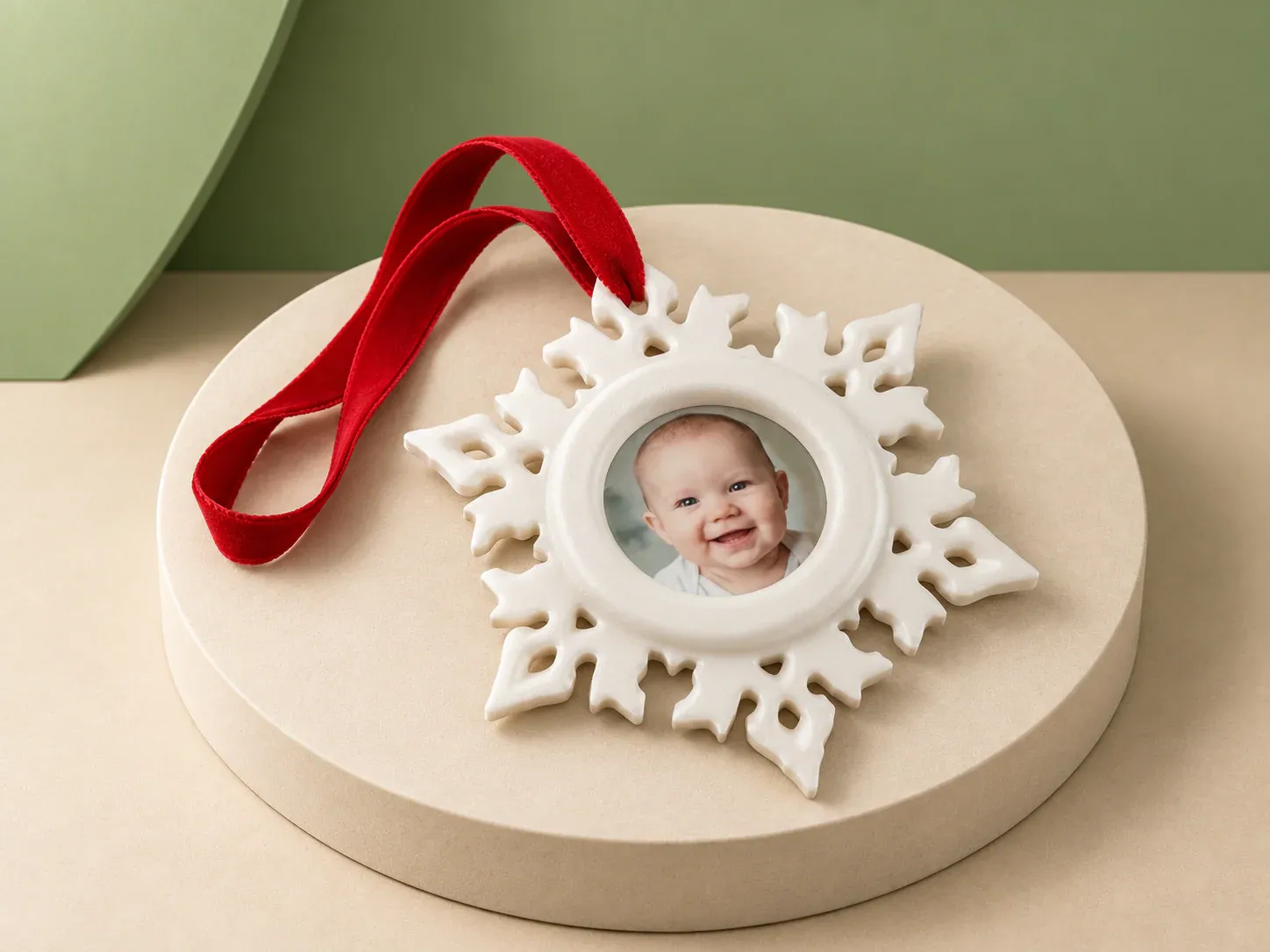 Enfeite floco de neve com foto, na cor branco, com foto de exemplo: floco de neve branco com uma foto redonda no centro e fita vermelha para pendurar